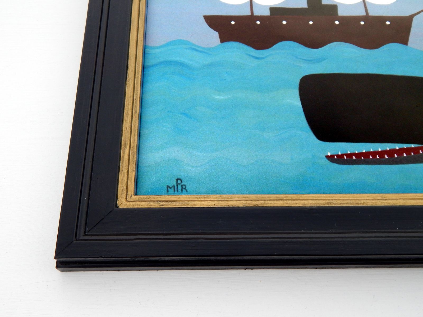photo furniture Naive Maritime Sperm Whale Folk Art Print With Early Steamship And Hand Painted Black Frame By Matt Rix
