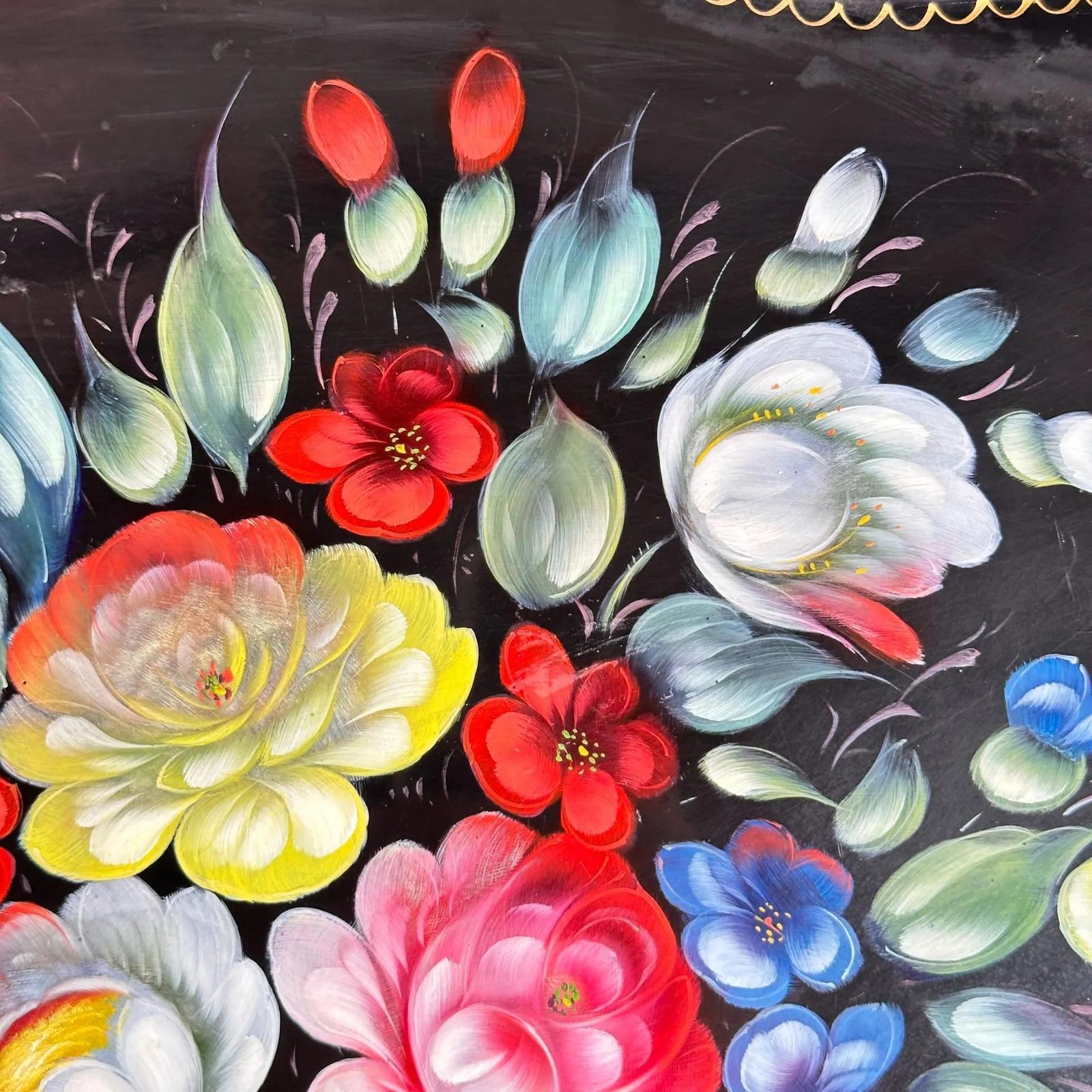 photo furniture Zhostovo Folk Art Metal Tray Hand Painted Floral Vintage