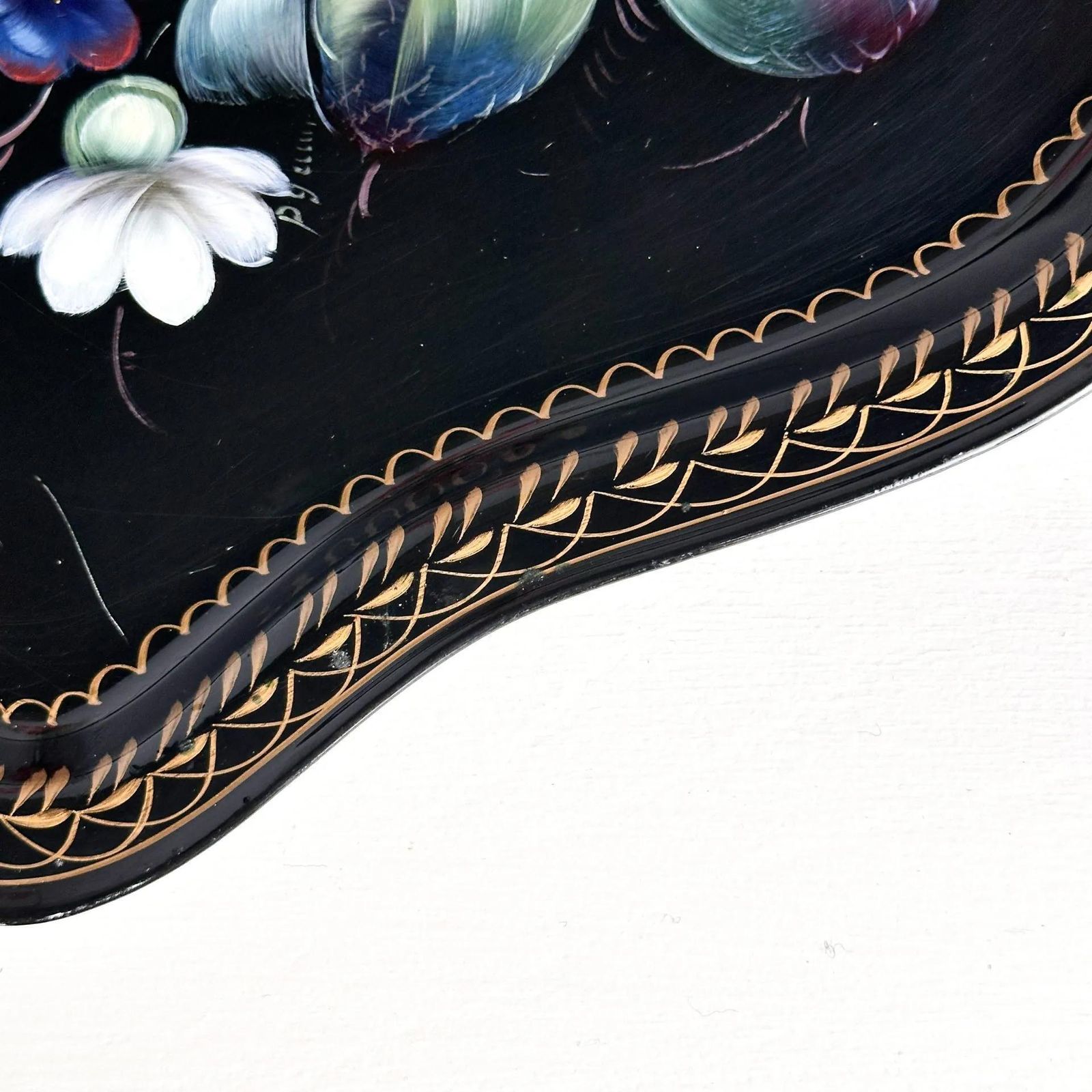photo vinterior Zhostovo Folk Art Metal Tray Hand Painted Floral Vintage