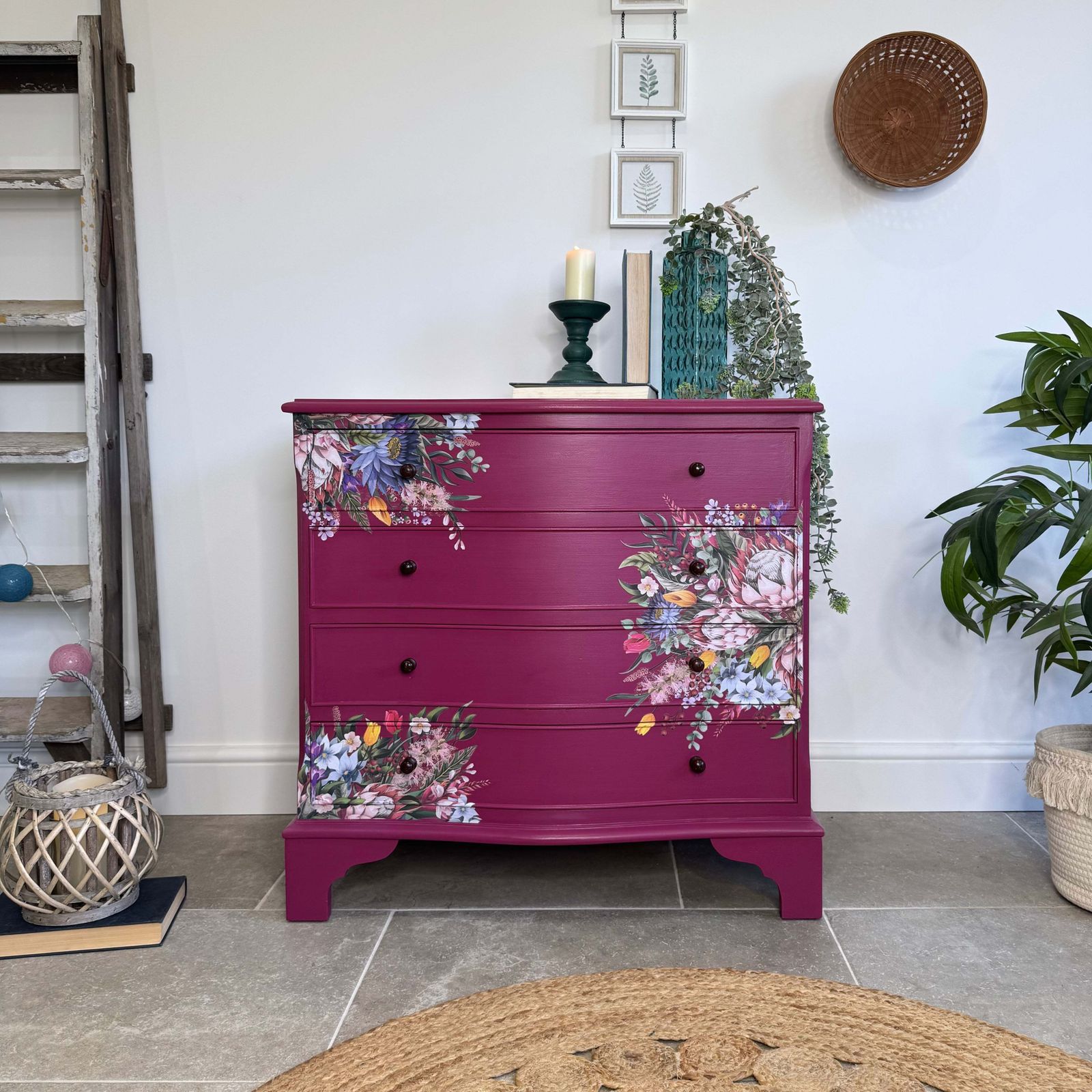 Bright Pink And Floral Vintage Bow Fronted Chest Of Drawers photo vintage