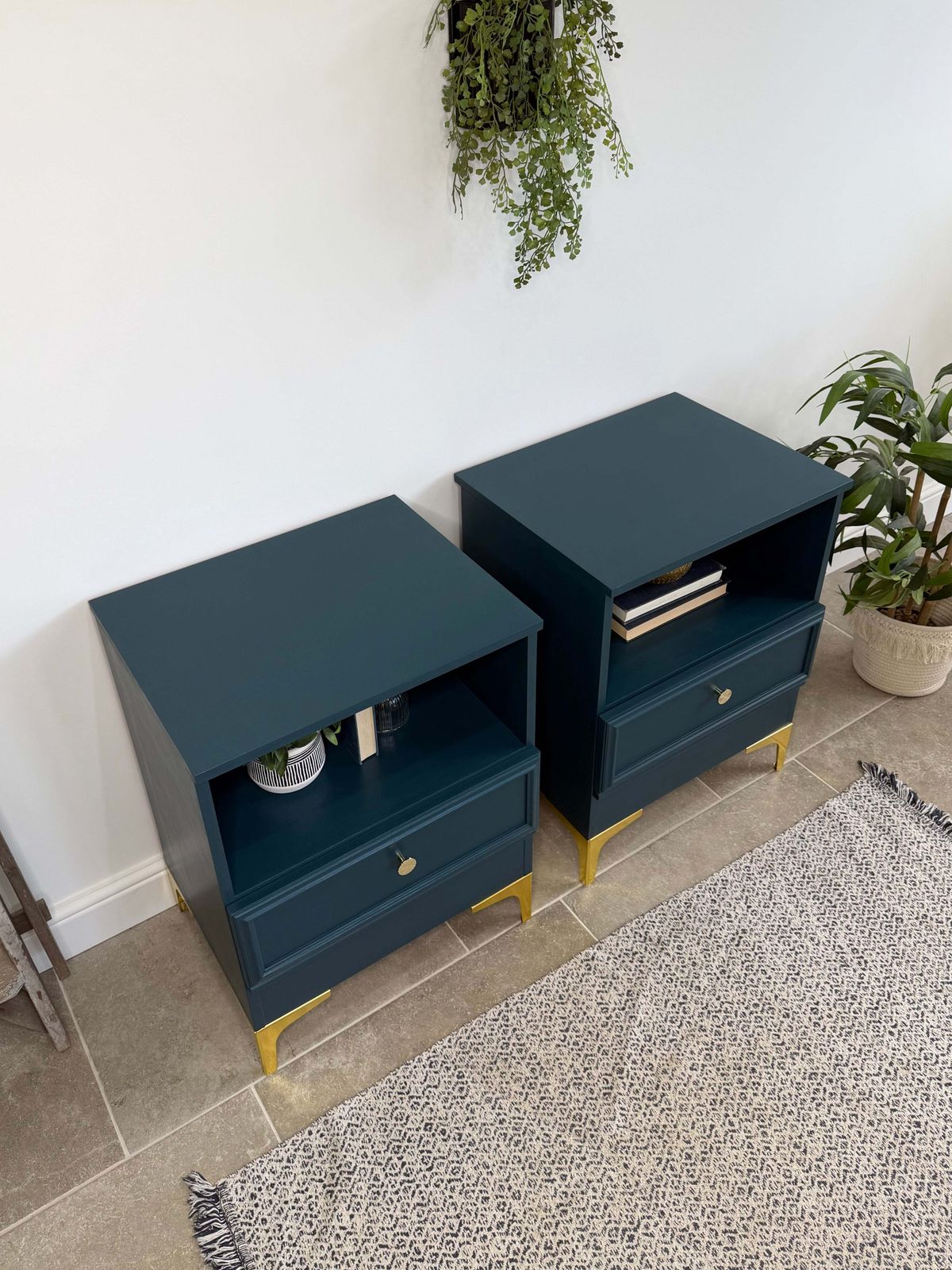 Modern Retro Style Pair Of Matching Bedside Tables Painted Blue And Gold photo for sale