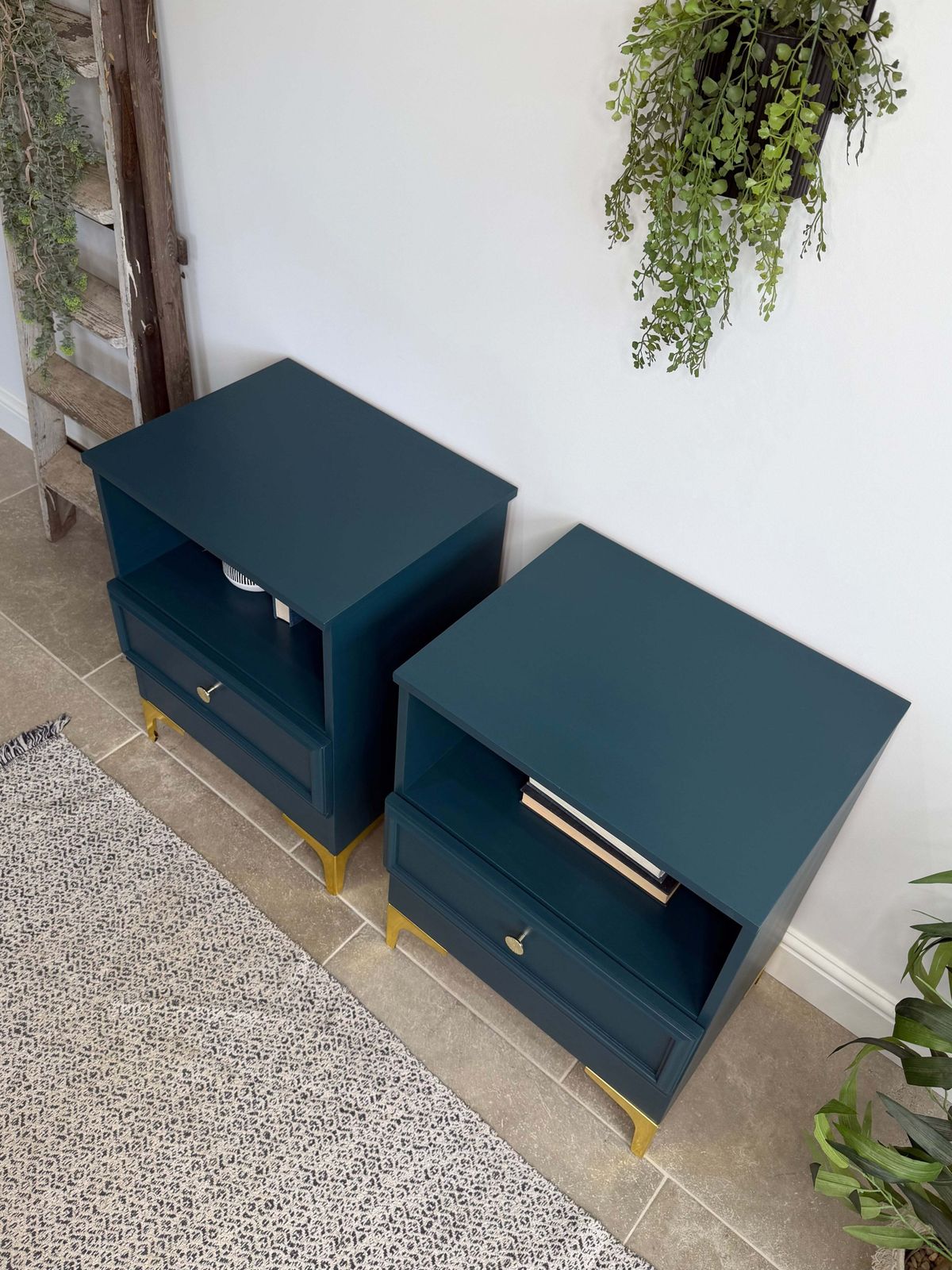 Modern Retro Style Pair Of Matching Bedside Tables Painted Blue And Gold photo vinterior