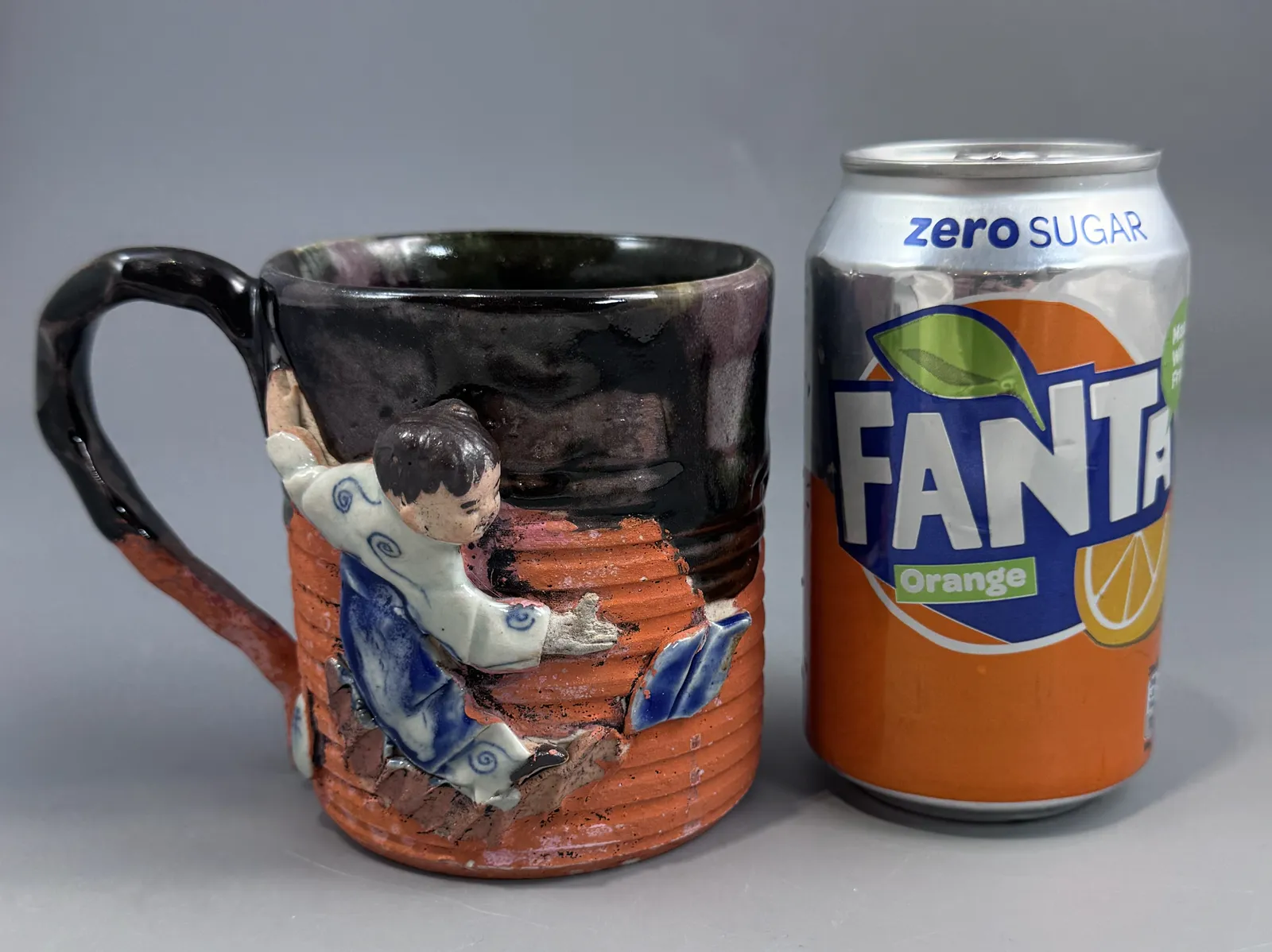 Japanese Sumida Gawa Mug With Applied Karako Figure, Signed Kōko — Meiji / Early Taishō Period photo vintage
