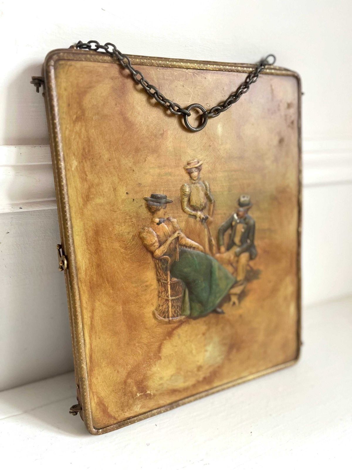 Miroir triptyque d'époque français, métal peint et cuir bordeaux photo buy