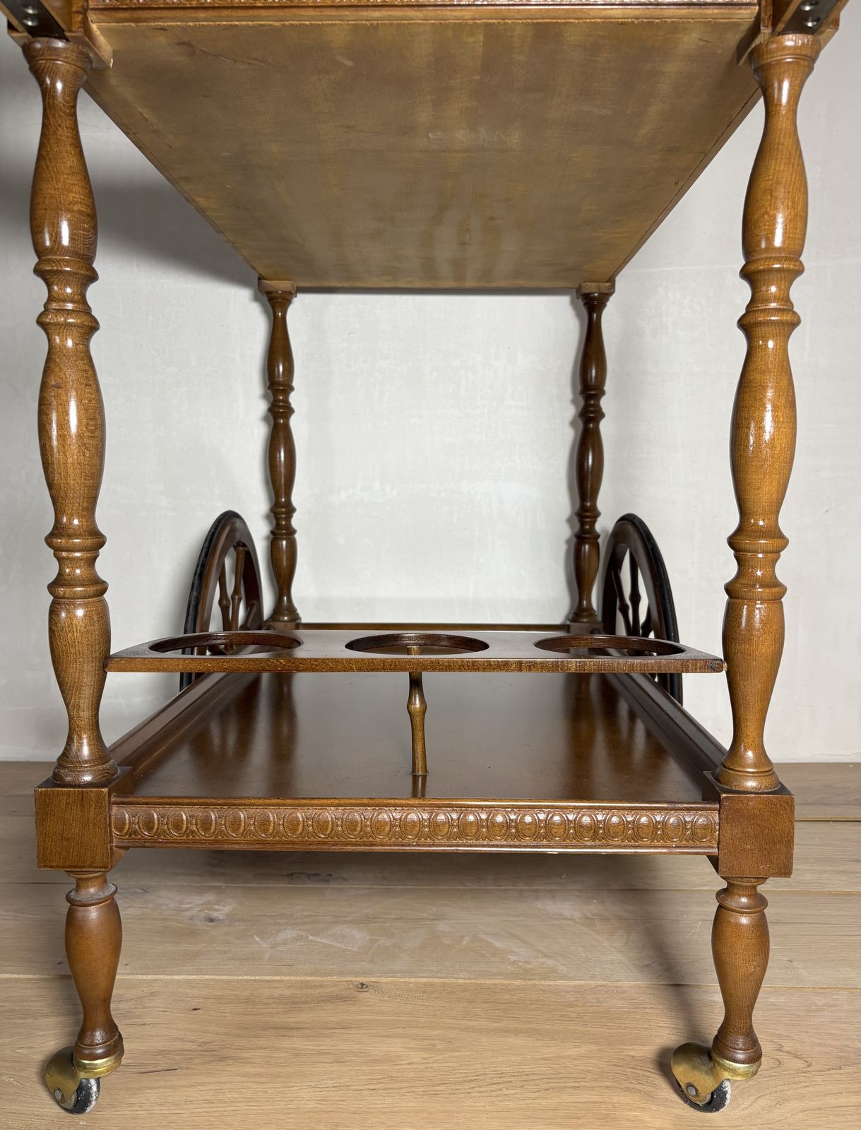 Spanish Mid Century Wooden Bar Cart With Turned Legs And Bottle Holder photo Furniture