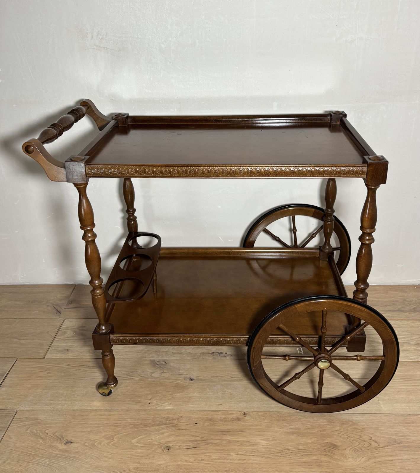 photo buy Spanish Mid Century Wooden Bar Cart With Turned Legs And Bottle Holder