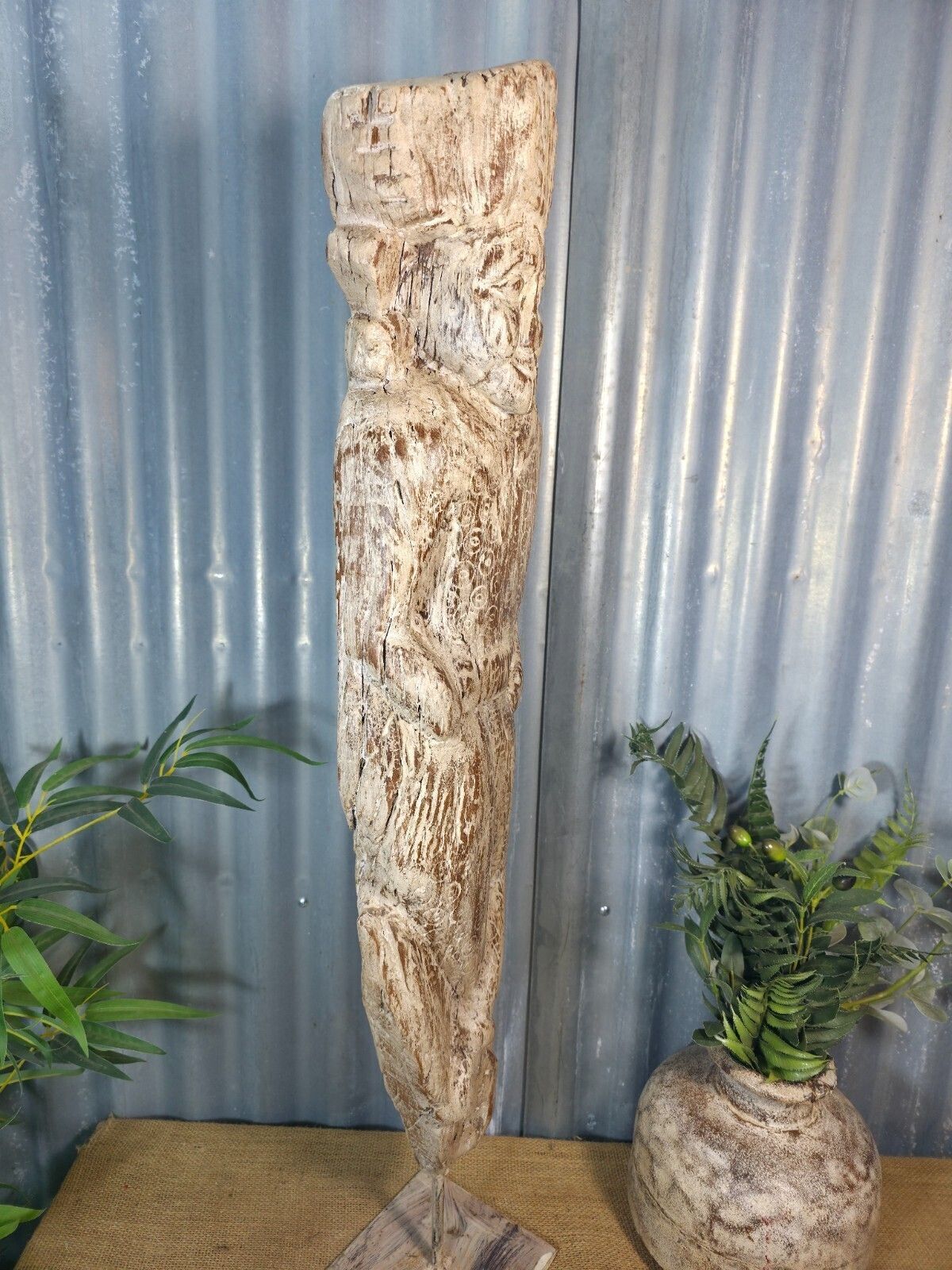 Vintage Rustic Wabi Sabi Hand Carved Indian Wooden Statue Sculpture On Stand photo vinterior
