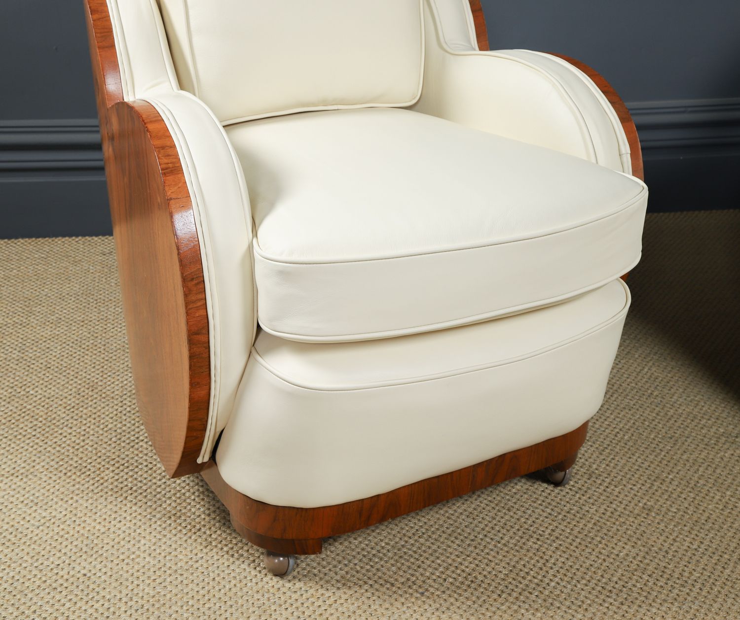 English Art Deco Three Piece Walnut & Leather Cloud Shape   Pair Of Armchairs & Sofa Couch (Circa 1930) photo vinterior