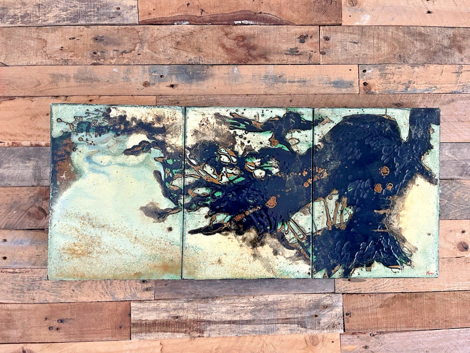 Large Vintage 60's Abstract Triptych Panel Painting Mid Century Modern Brutalist