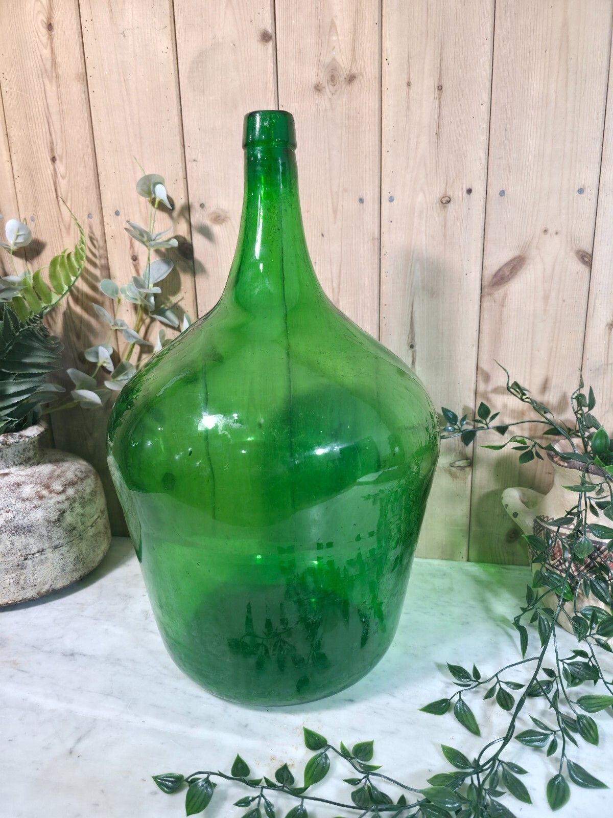 Vintage Rustic French Large Green Hand Blown Glass Demijohn Carboy Wedding Prop photo for sale