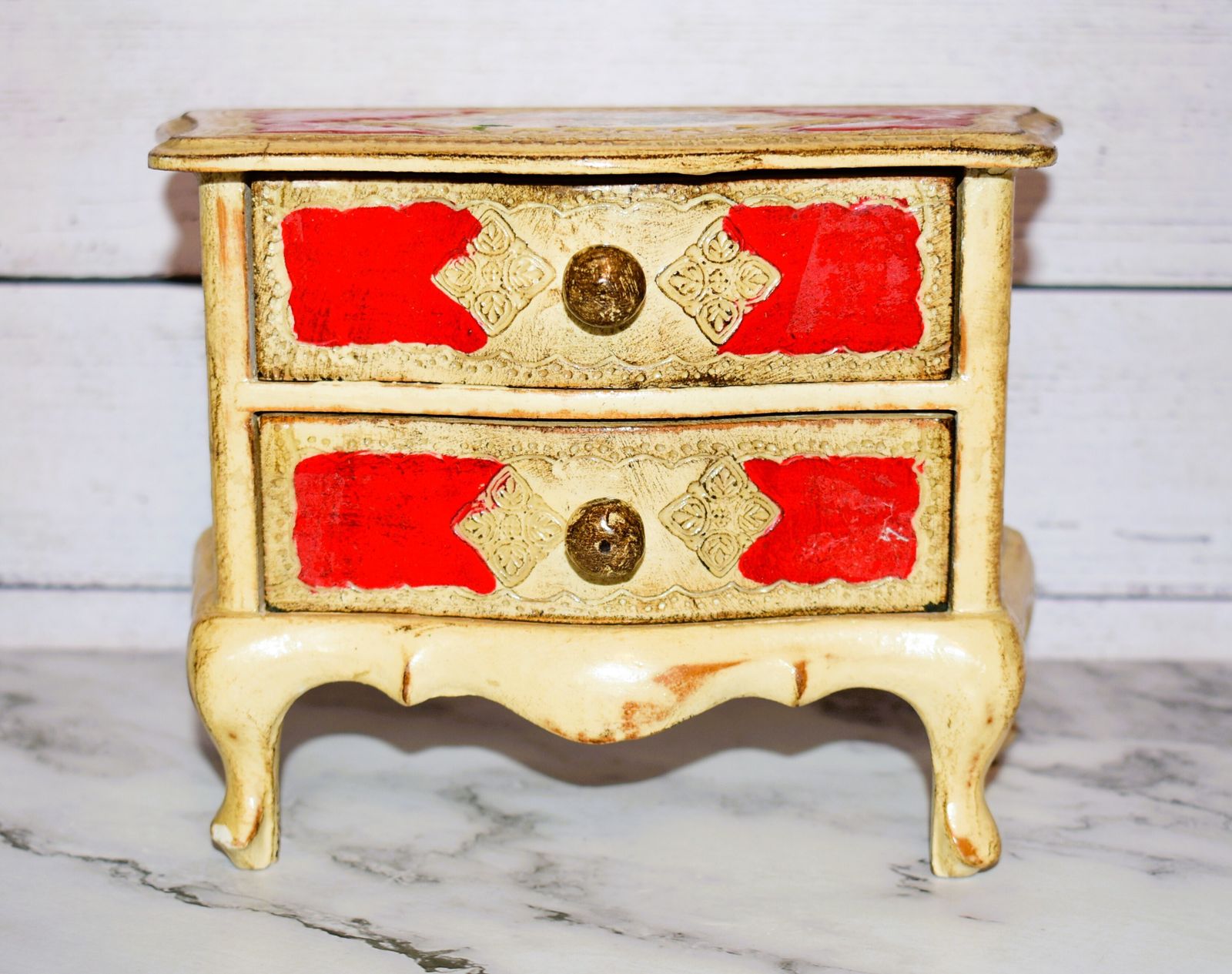 Mid Century Florentine Red & Gilt Jewelry Chest In Louis XV Style photo furniture