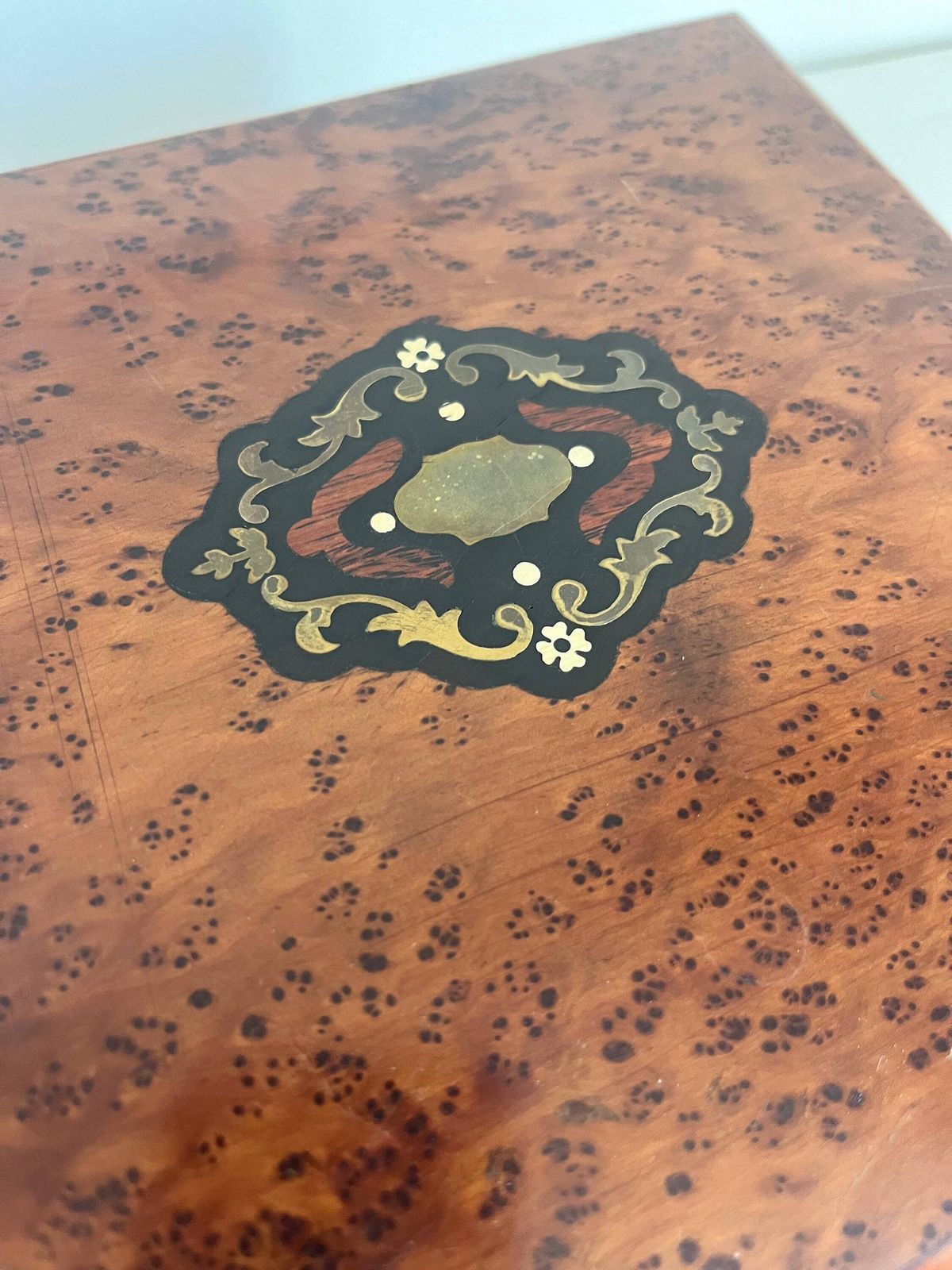 Antique Marquetry Jewelry Box, Wooden Box, Tufted Silk photo for sale