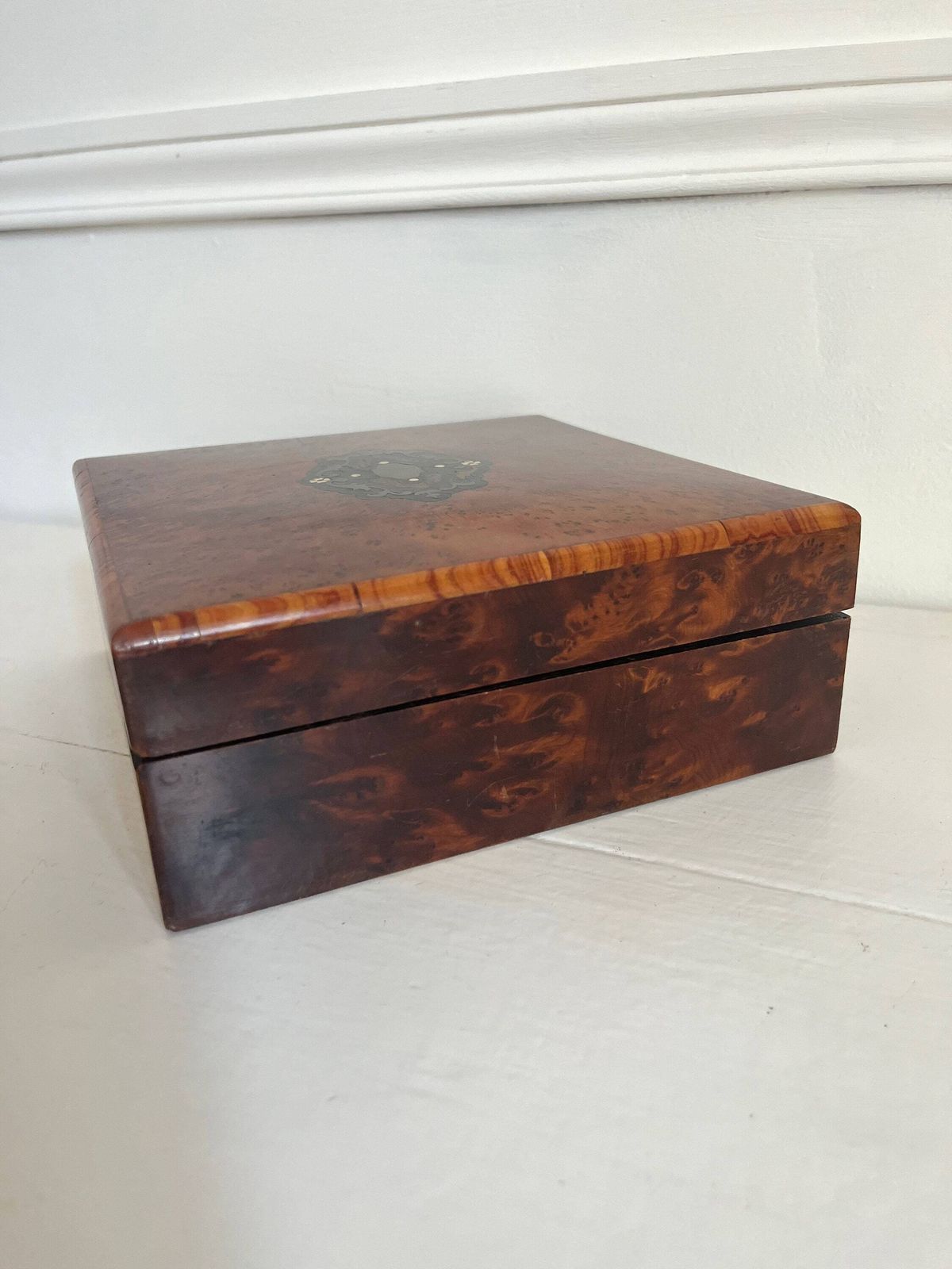 Antique Marquetry Jewelry Box, Wooden Box, Tufted Silk photo Home Decor