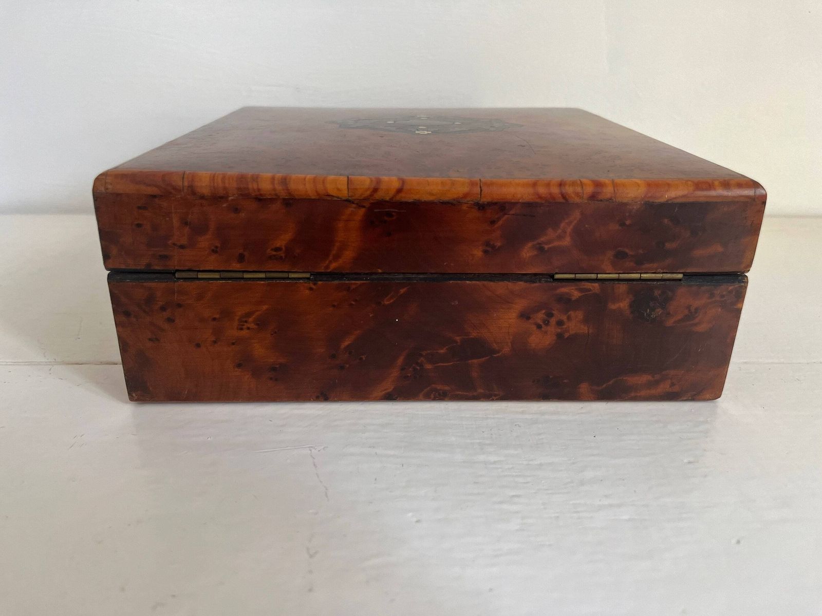 photo for sale Antique Marquetry Jewelry Box, Wooden Box, Tufted Silk