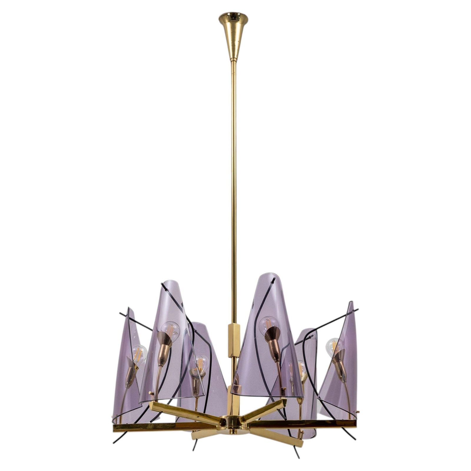 Italian Mid Century Stilux Milano Chandelier In Brass And Purple Plexiglass, 70s