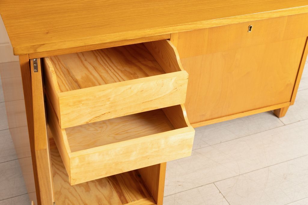 Furniture Swedish Desk In Elm With Cupboard & Shelves On Reverse C.1940 photo