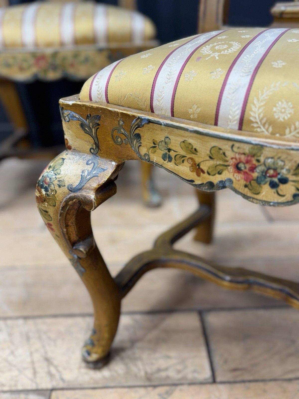 Antique Pair Italian Polychrome Painted Dining Chairs Accent Chairs Venetian photo for sale