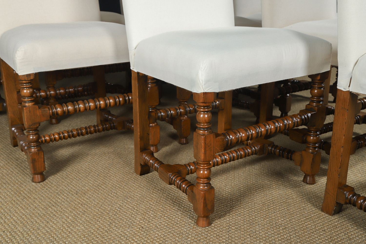 English 17th Century Style Set Of Ten 10 Oak Upholstered High Back Kitchen Dining Chairs (Circa 1980) photo vintage