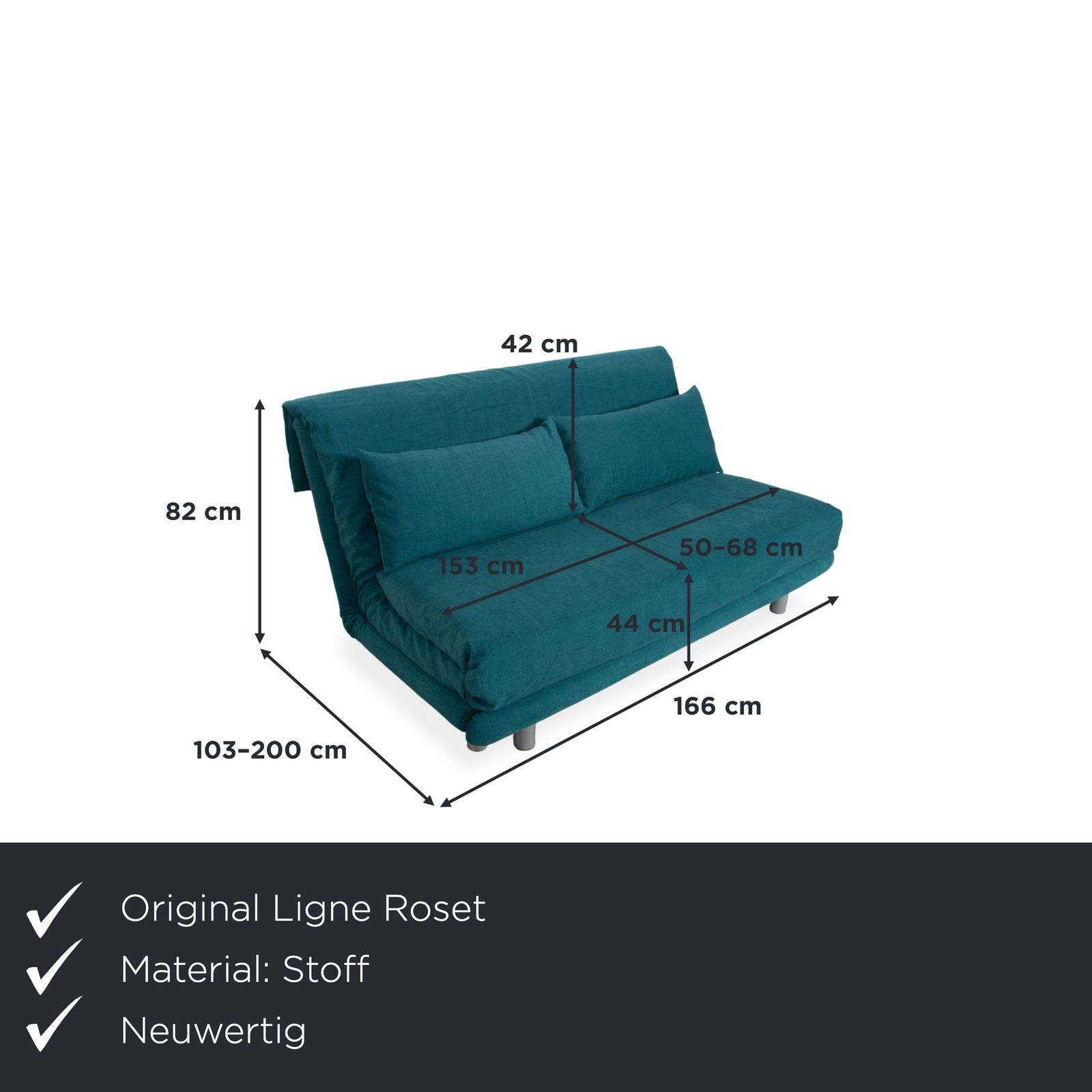 Canapé 3 places Ligne Roset Multy en tissu bleu turquoise, fonction convertible manuelle, retapissé photo furniture