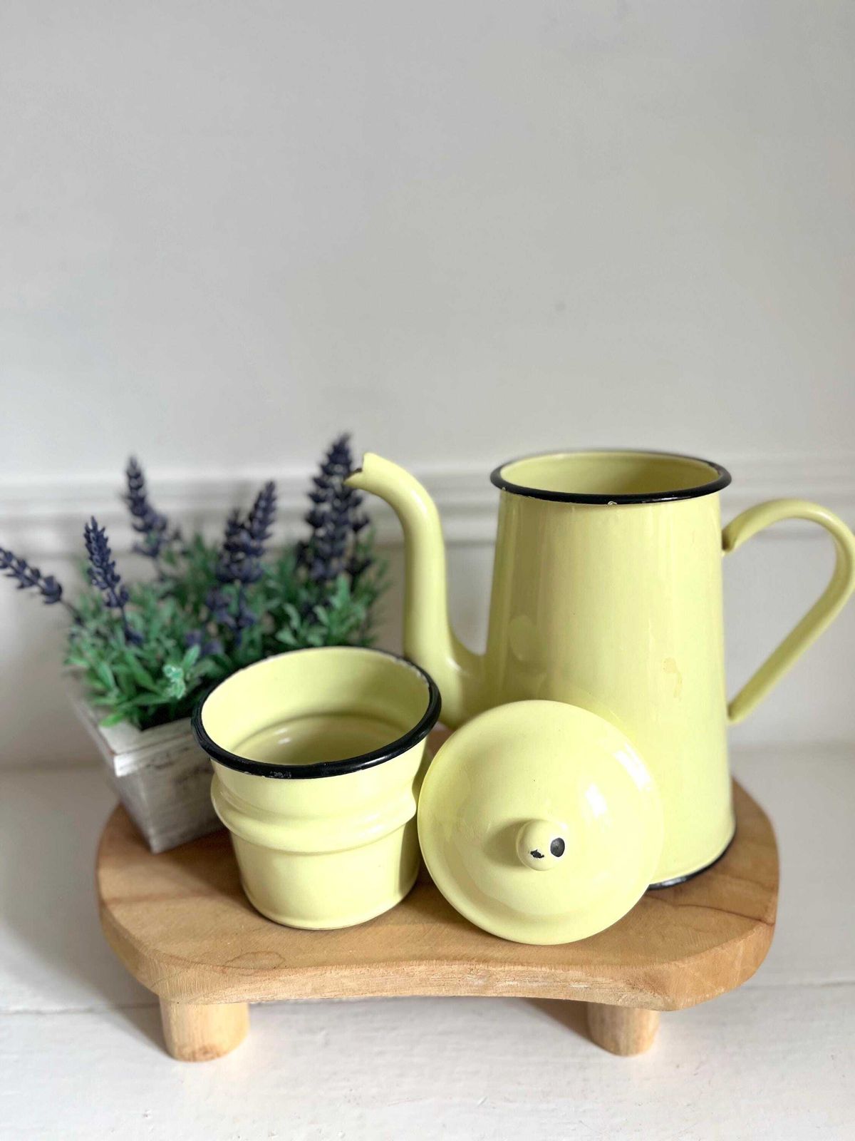 Vintage French Cream Enamel Cafetiere, Coffee Maker, Enamelware photo furniture