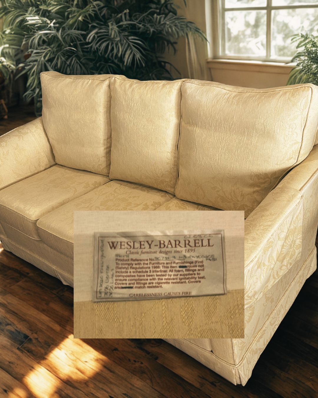 Wesley Barrell Wychwood Suite (2 Sofas + 1 Armchair) | 1990s Hand Made Hardwood Frame, Manufacturer Restored, Original Gold Damask Fabric" photo furniture