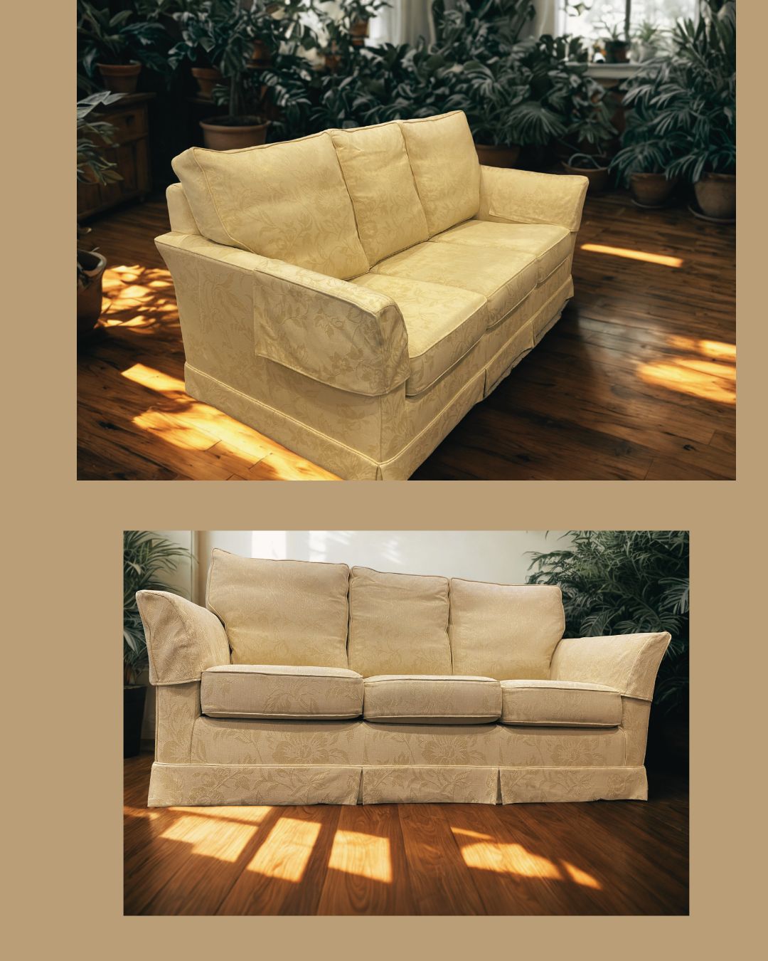 Wesley Barrell Wychwood Suite (2 Sofas + 1 Armchair) | 1990s Hand Made Hardwood Frame, Manufacturer Restored, Original Gold Damask Fabric" photo for sale