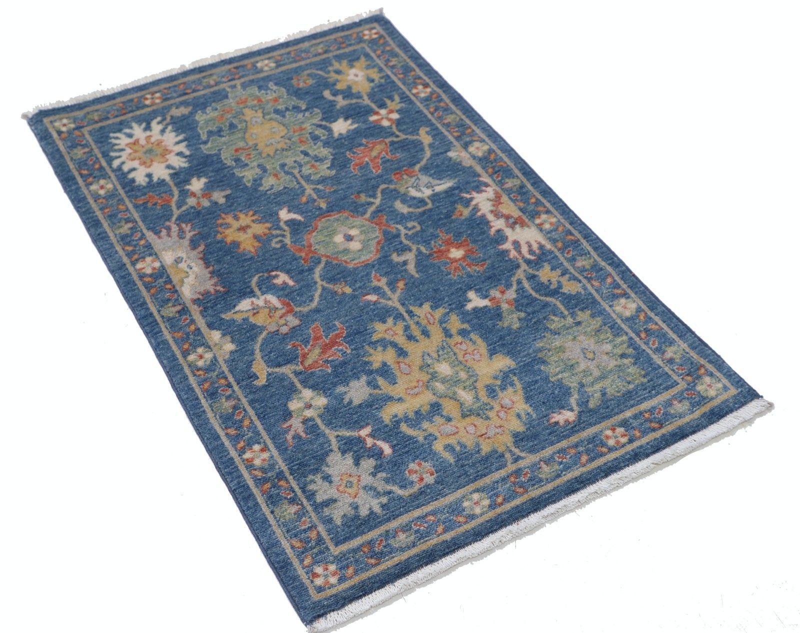 2'5"X3'11" Modern Turks Wollen Vloerkleed, Blauw Bloemmotief Oushak Accent Tapijt photo furniture