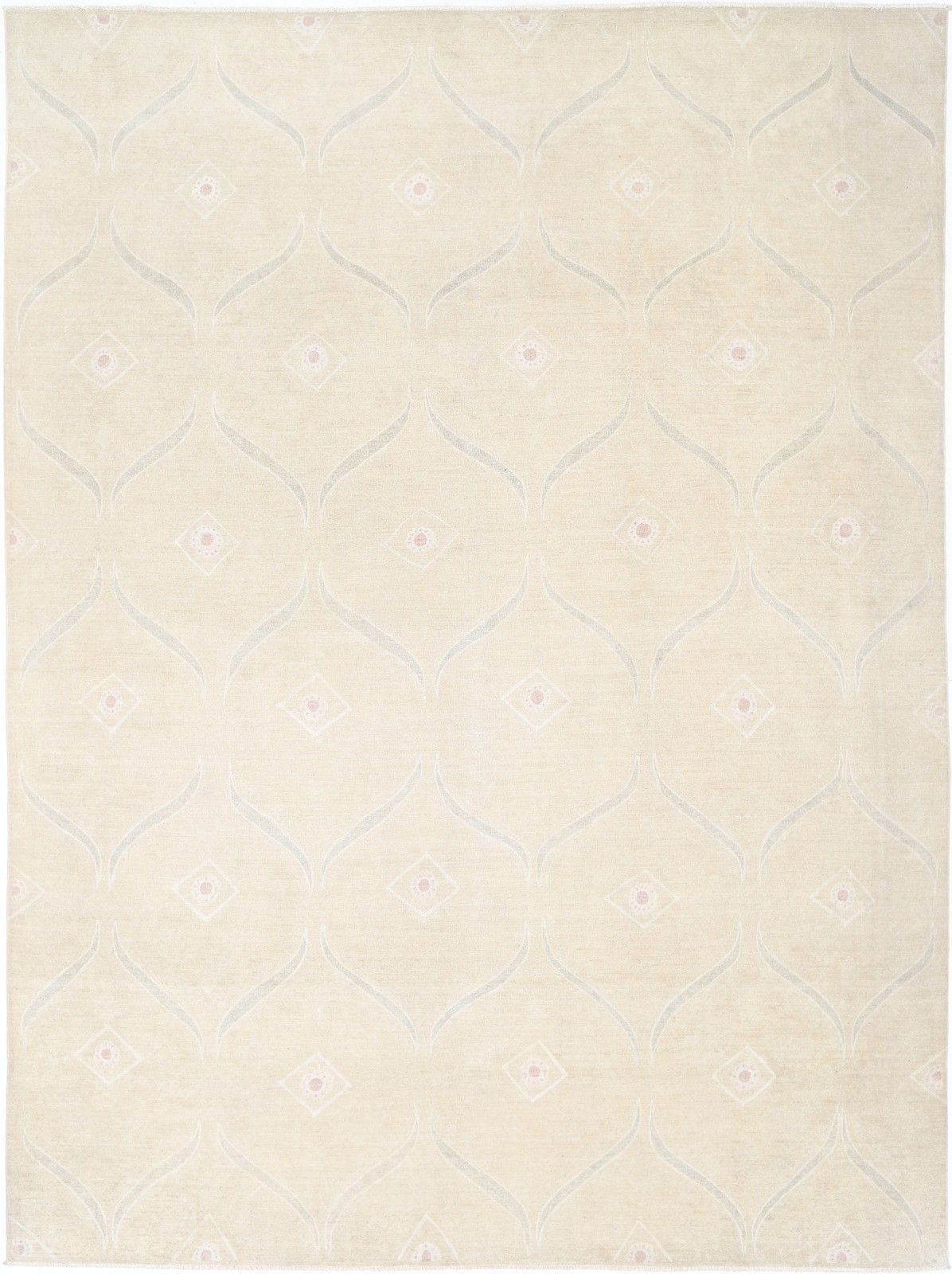 10x13.5 Ft Handknotted Geometric Turkish Rug, Decorative Beige Wool Carpet