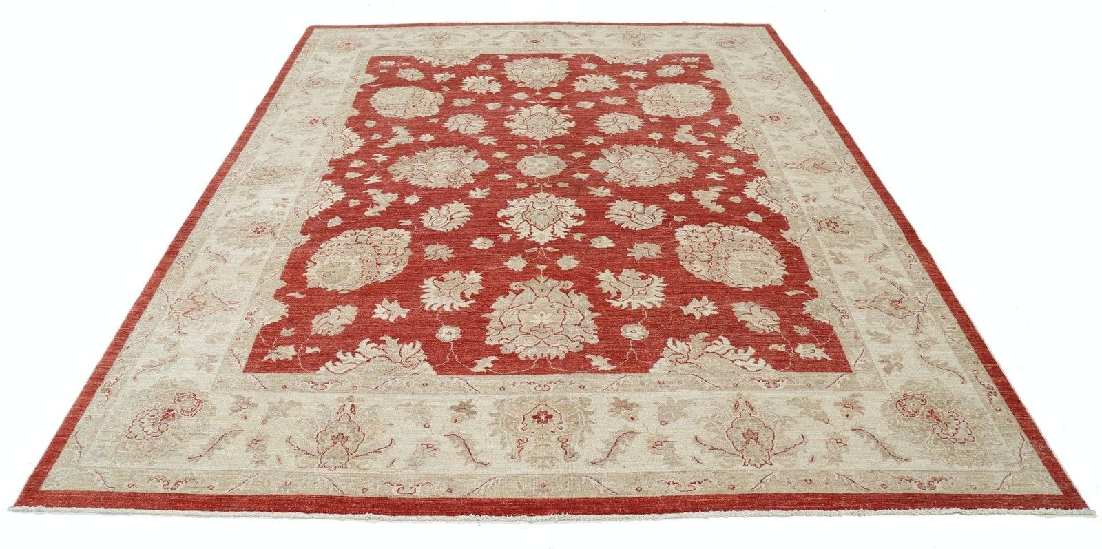 Tapis turc noué à la main à motifs floraux, champ rouge et bordure ivoire, 8 x 10 pi photo Textiles