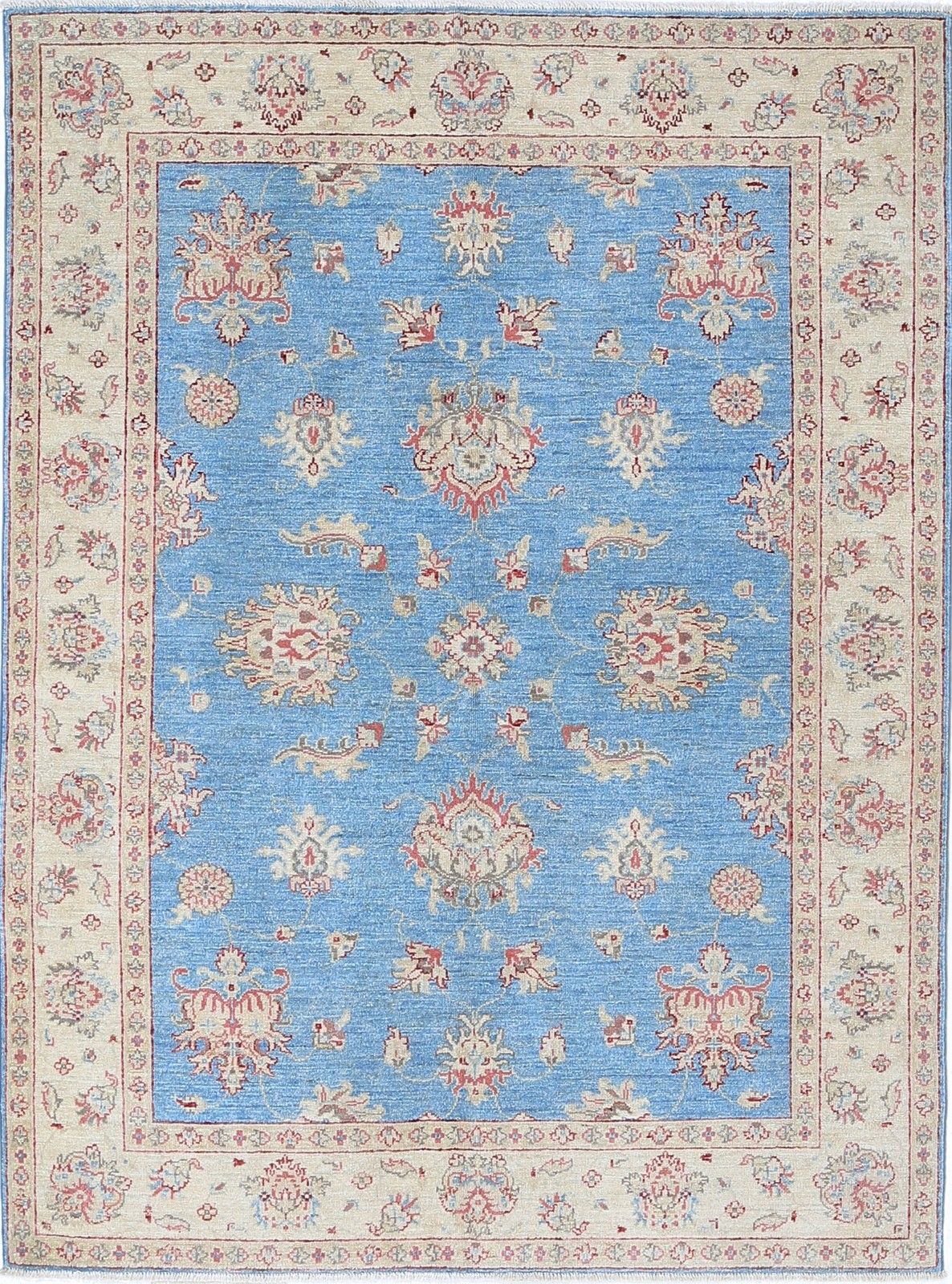 5x6,6 ft handgeknoopt bloemmotief Turks vloerkleed met blauw veld en ivoren rand