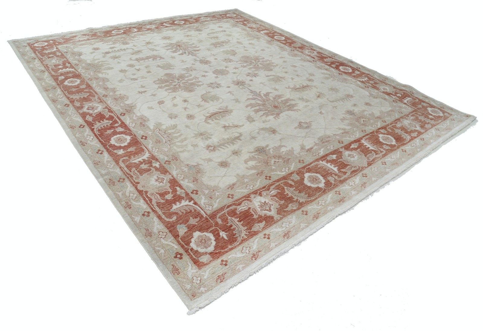 9.8x11.2 Ft Hand Knotted Floral Large Area Rug With Ivory Field And Red Border photo furniture