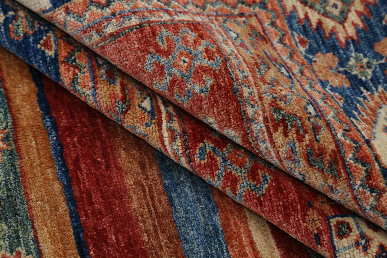 6.7x10 Ft Hand Knotted Tribal Red And Blue Area Rug, Geometric Striped Design photo Textiles