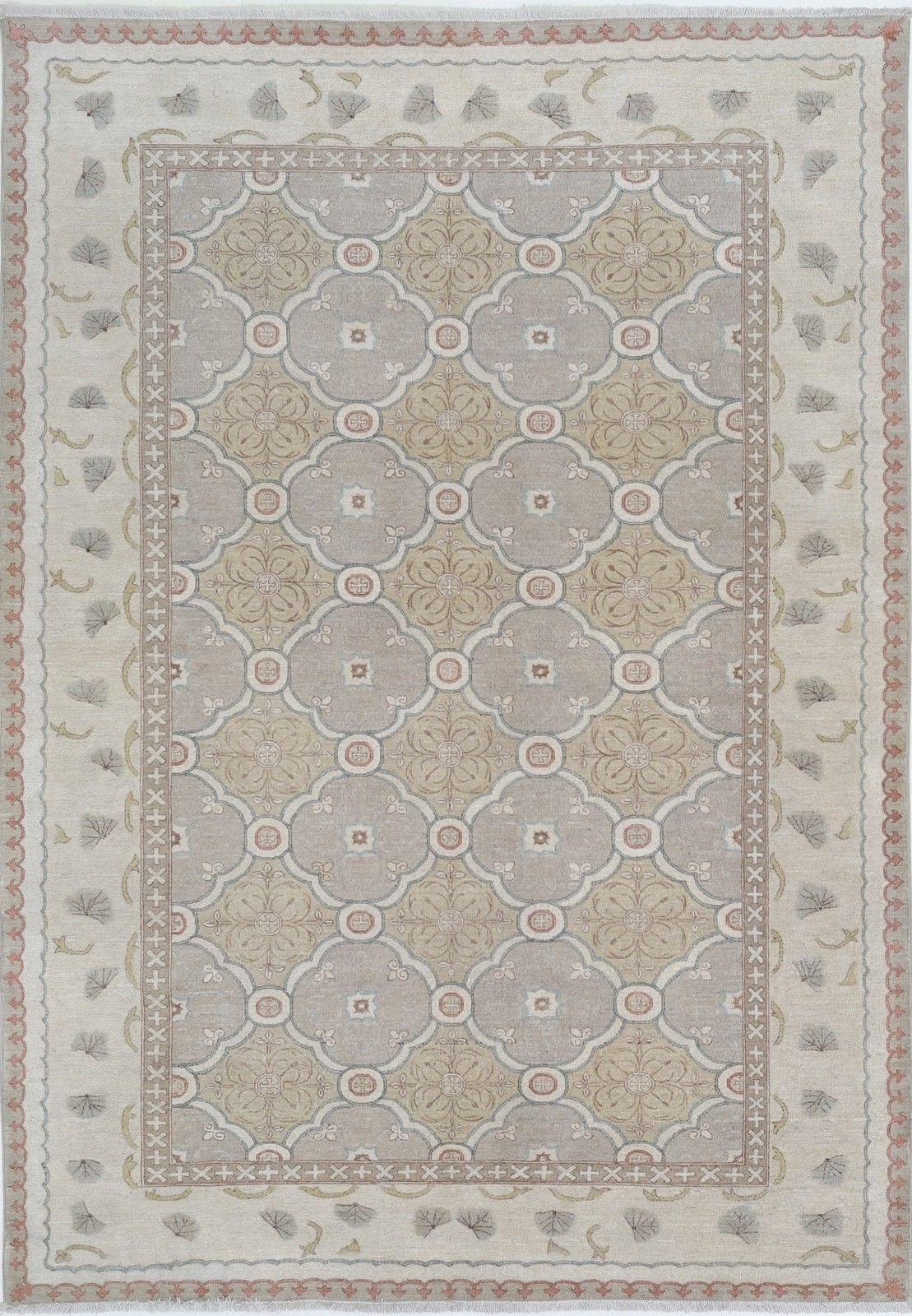 6x8.8 Ft Hand Knotted Ivory, Blush, Light Blue Area Rug With Geometric Design