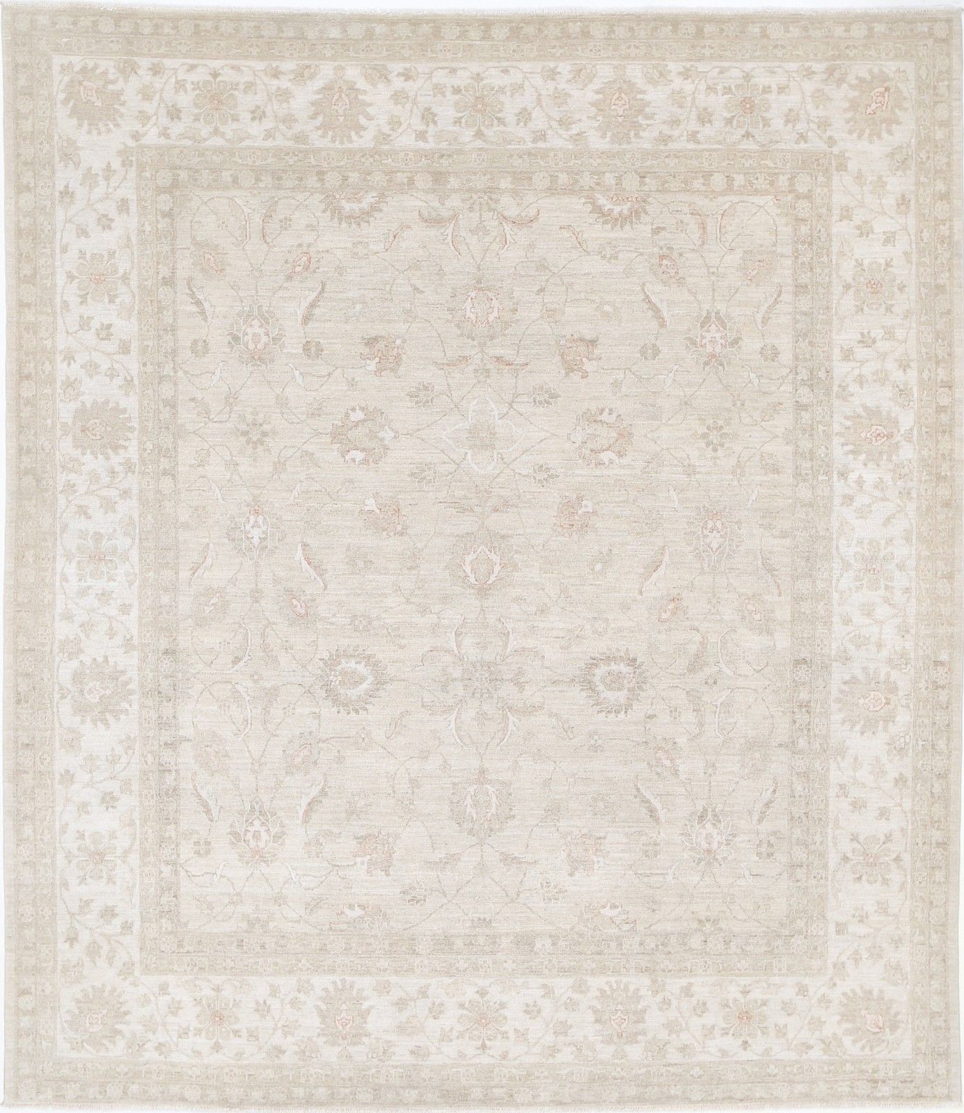 8x9.5 Ft Hand Knotted Beige Turkish Large Area Rug. Floral Motif Wool Carpet