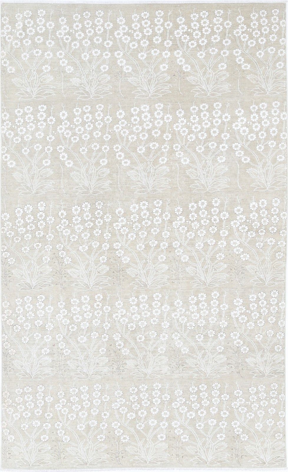 Tapis floral noué à la main 5,5 x 9,2 ft, tapis de laine beige, motif botanique