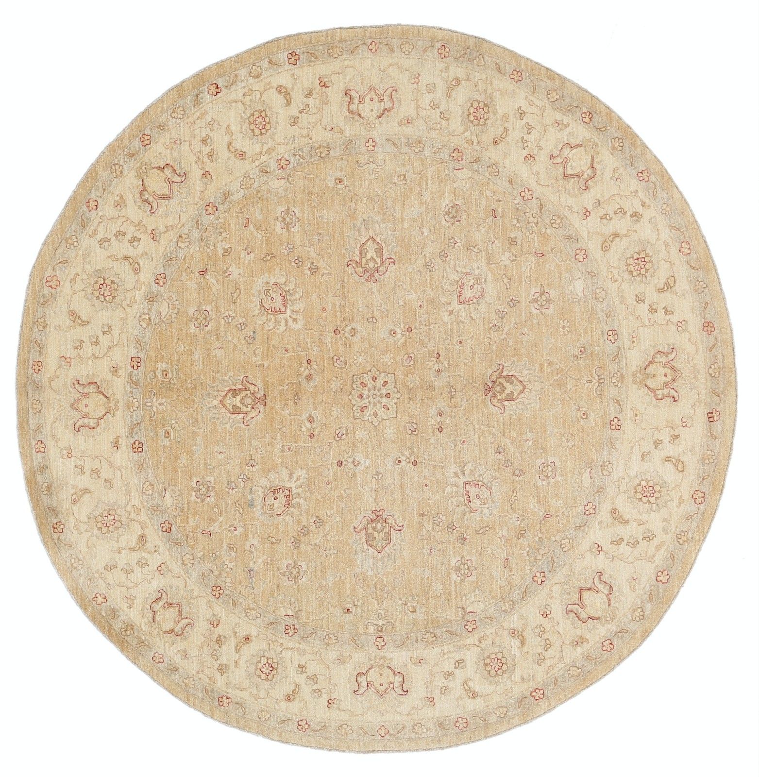 8x8 Ft Luxury Hand Knotted Round Wool Area Rug. Beige Tribal Style Large Carpet