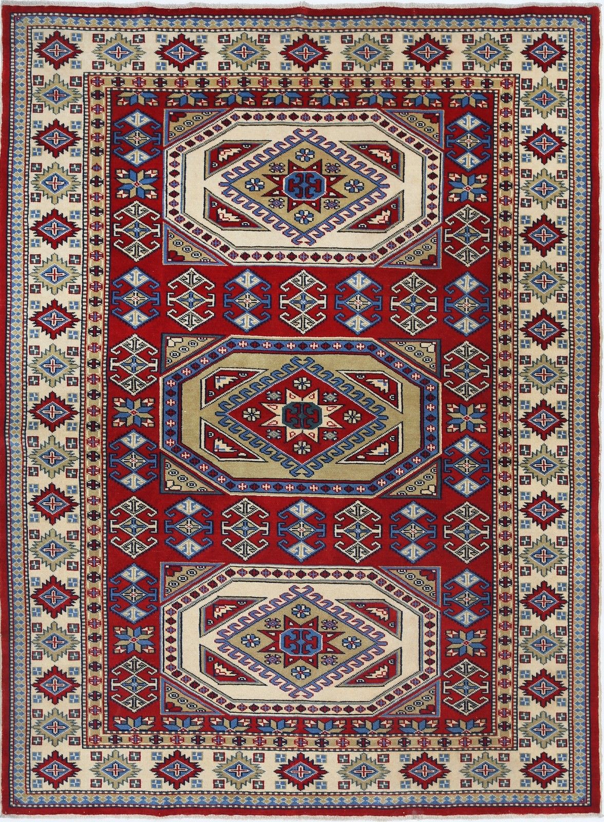 Tapis d'appoint en laine noué à la main, rouge, bleu marine, ivoire et bleu clair, 1,27 x 1,76 m