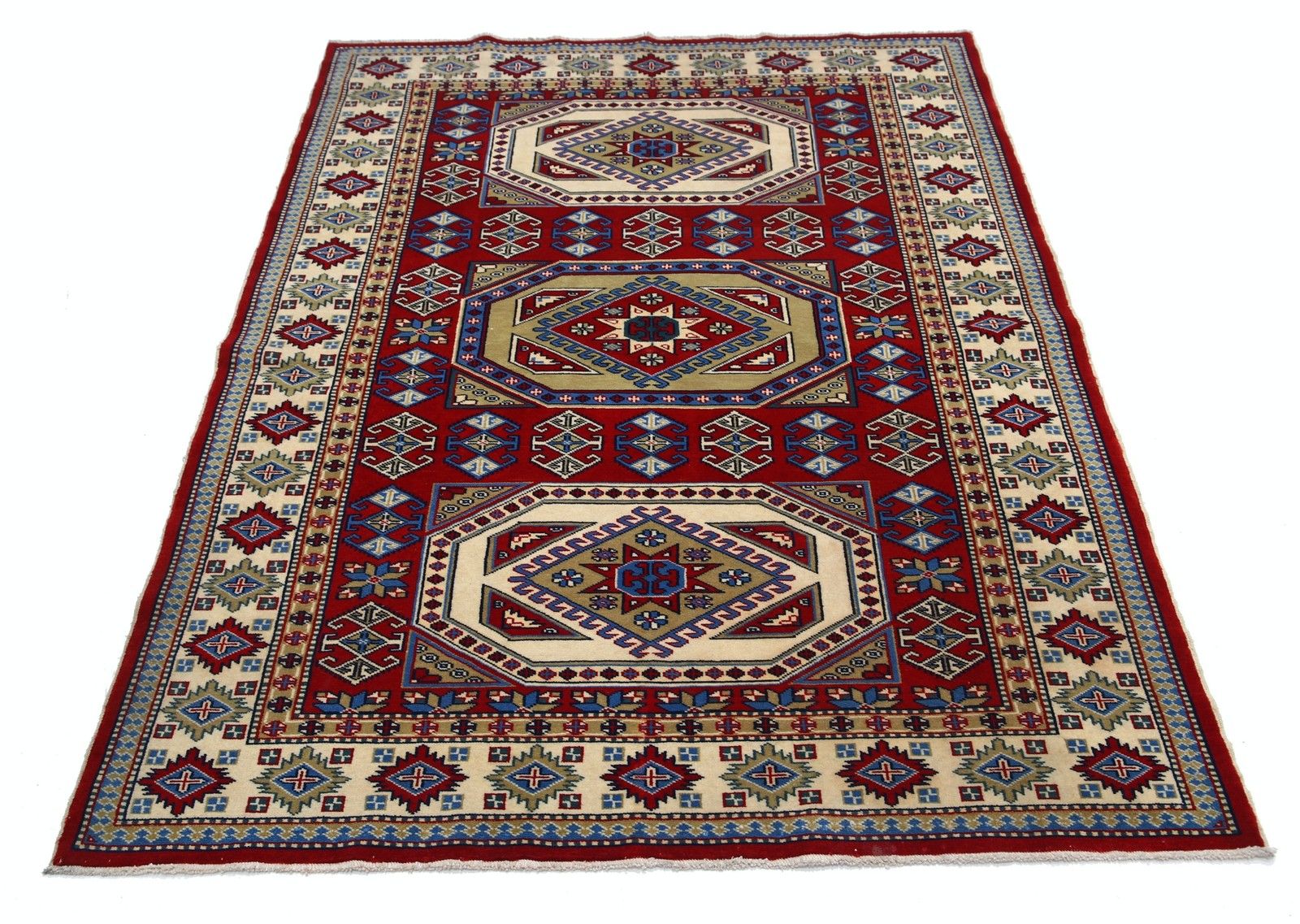 Tapis d'appoint en laine noué à la main, rouge, bleu marine, ivoire et bleu clair, 1,27 x 1,76 m photo Textiles