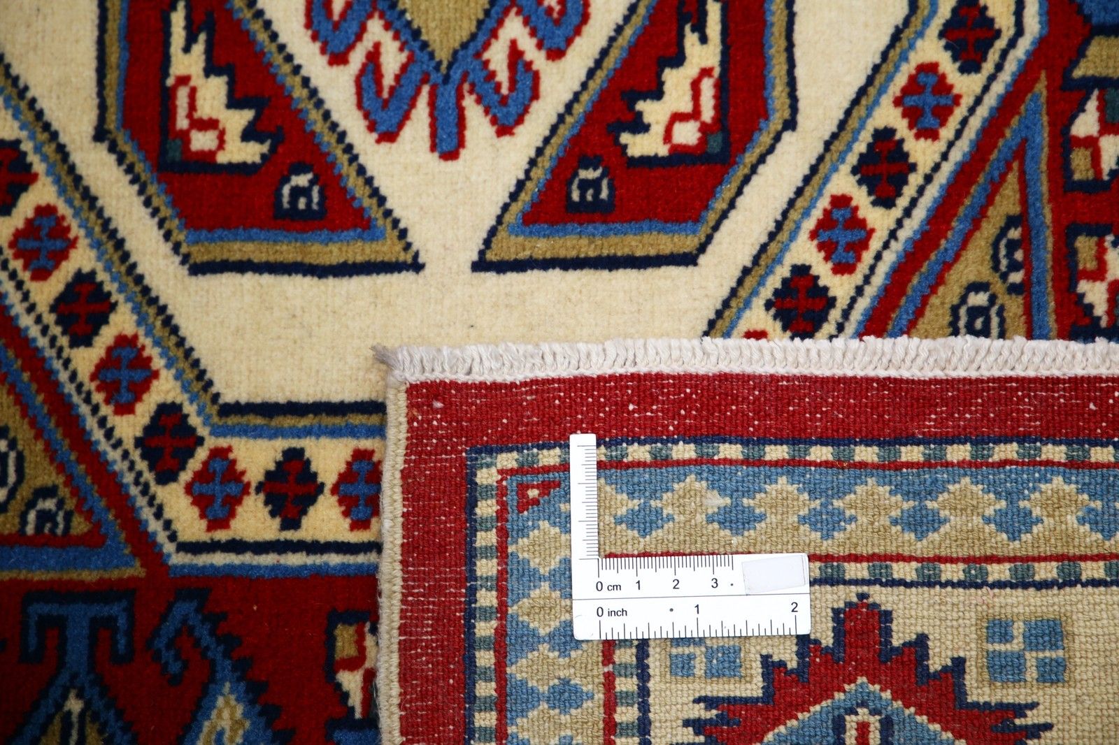 Tapis d'appoint en laine noué à la main, rouge, bleu marine, ivoire et bleu clair, 1,27 x 1,76 m photo buy