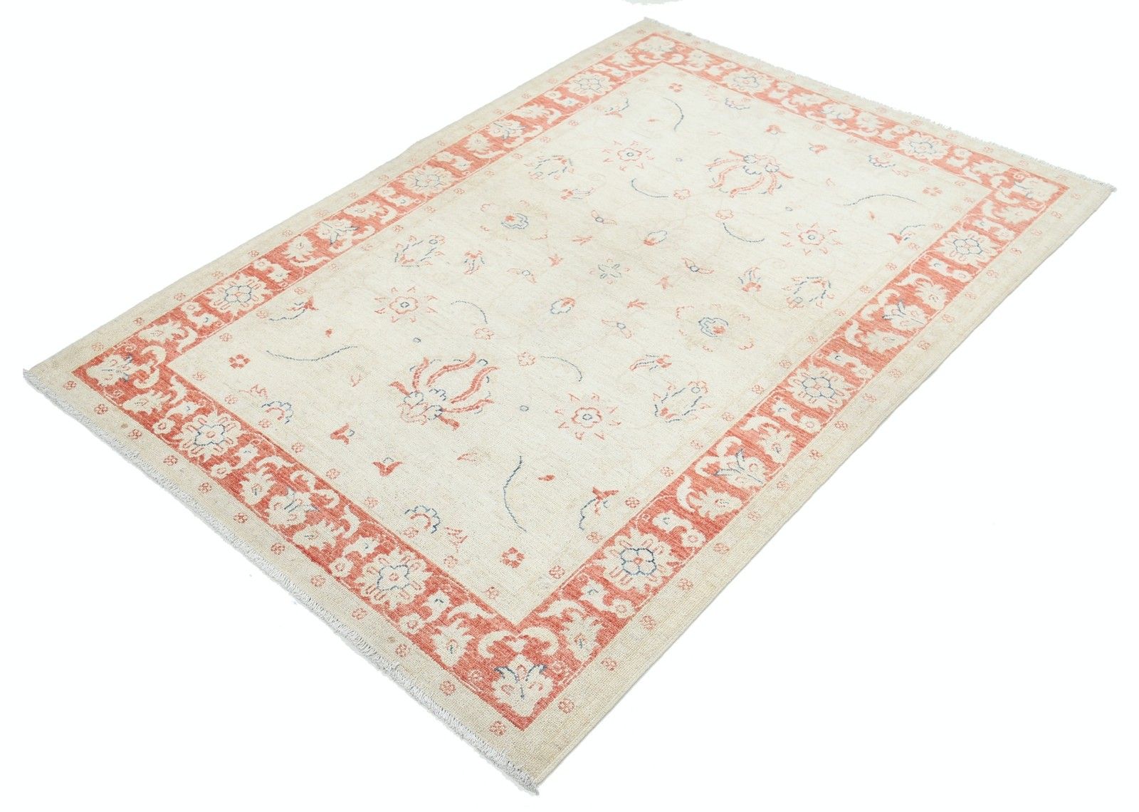 4.2x6 Ft Hand Knotted Floral Turkish Accent Rug In Beige And Red. 100% Wool photo for sale