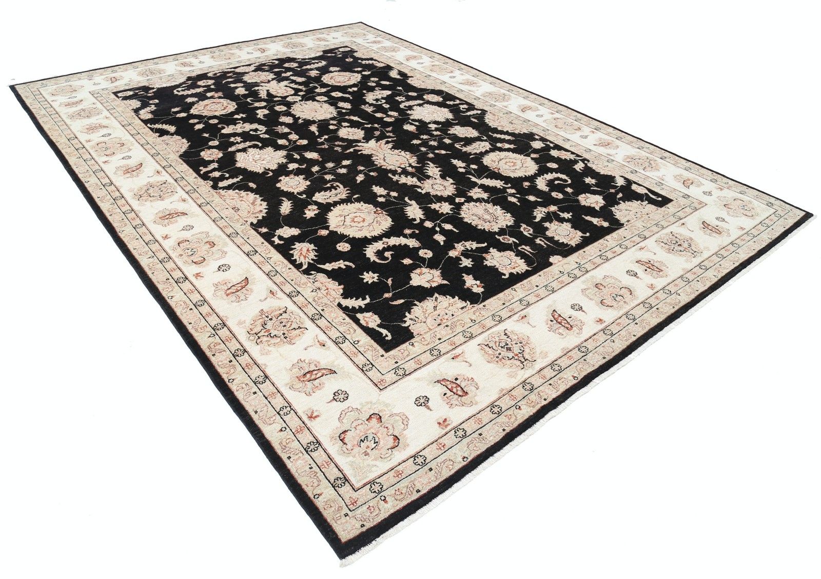 9x12.2 Ft Hand Knotted Floral Turkish Area Rug With Black Field And Ivory Border photo furniture