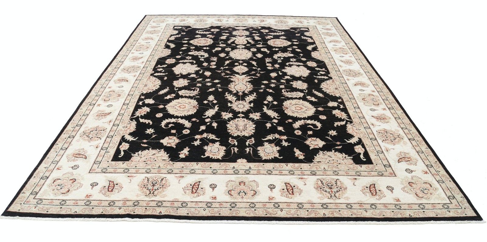 9x12.2 Ft Hand Knotted Floral Turkish Area Rug With Black Field And Ivory Border photo Textiles