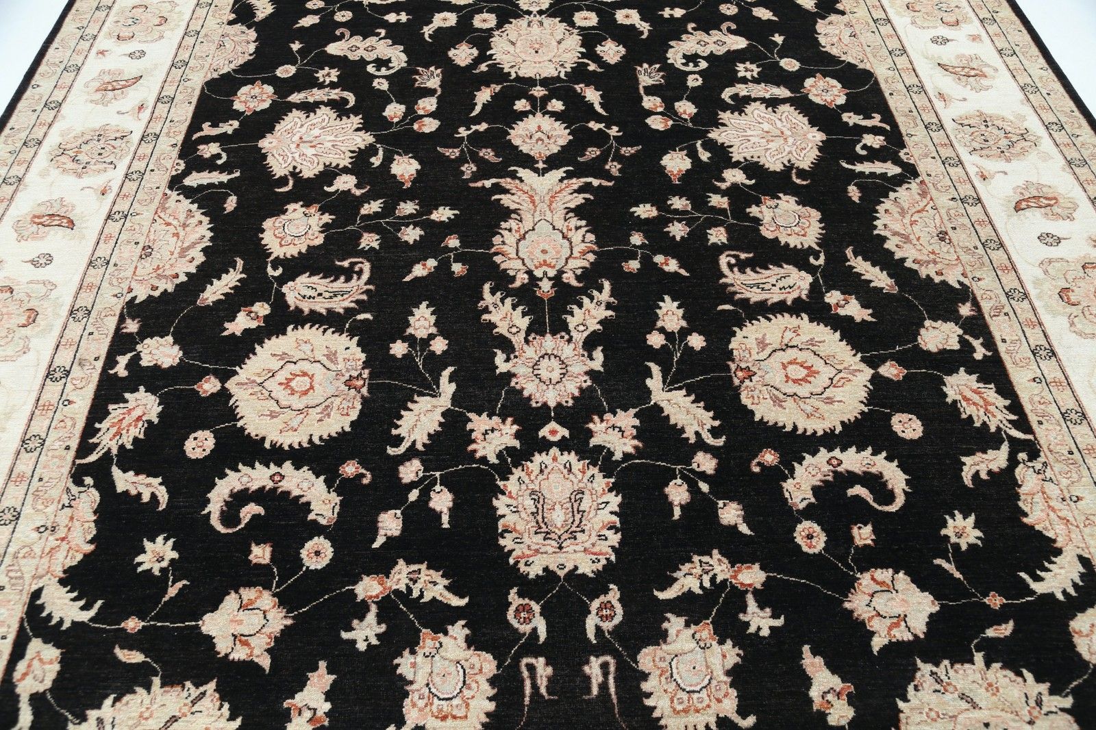 9x12.2 Ft Hand Knotted Floral Turkish Area Rug With Black Field And Ivory Border photo 5373.0