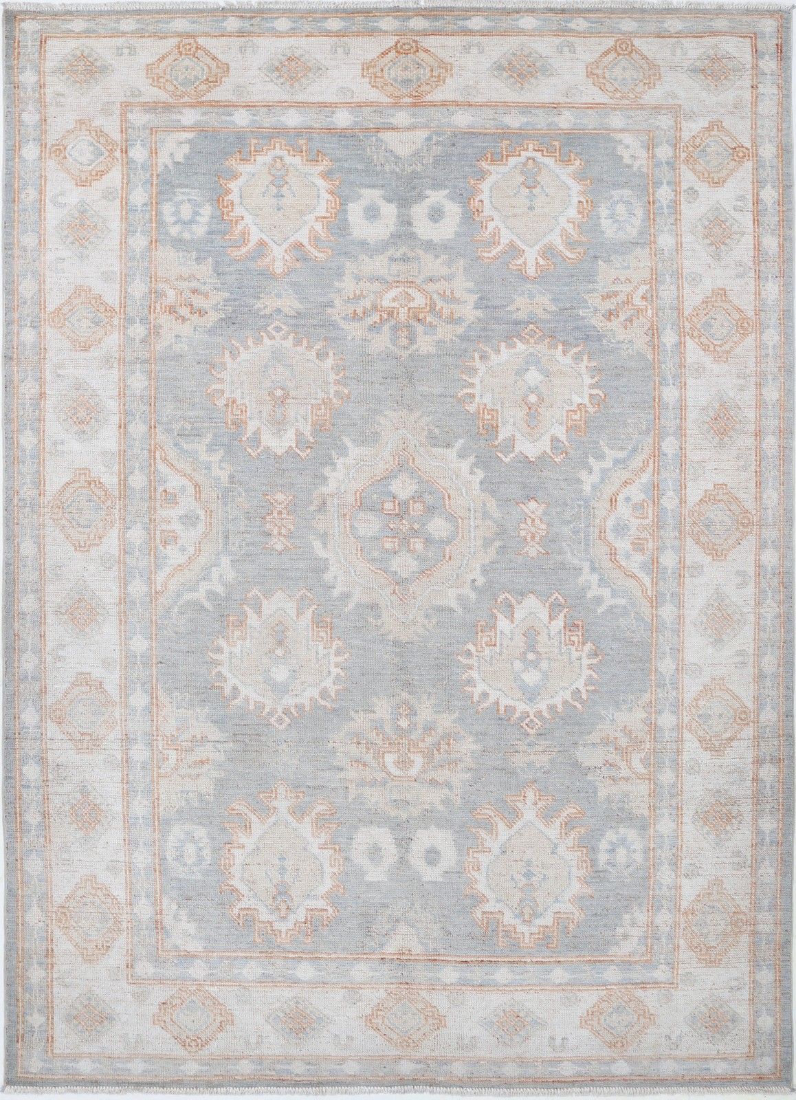 6.2x9 Ft Handknotted Light Blue, Beige Rug With Soft Peach Geometric Motifs