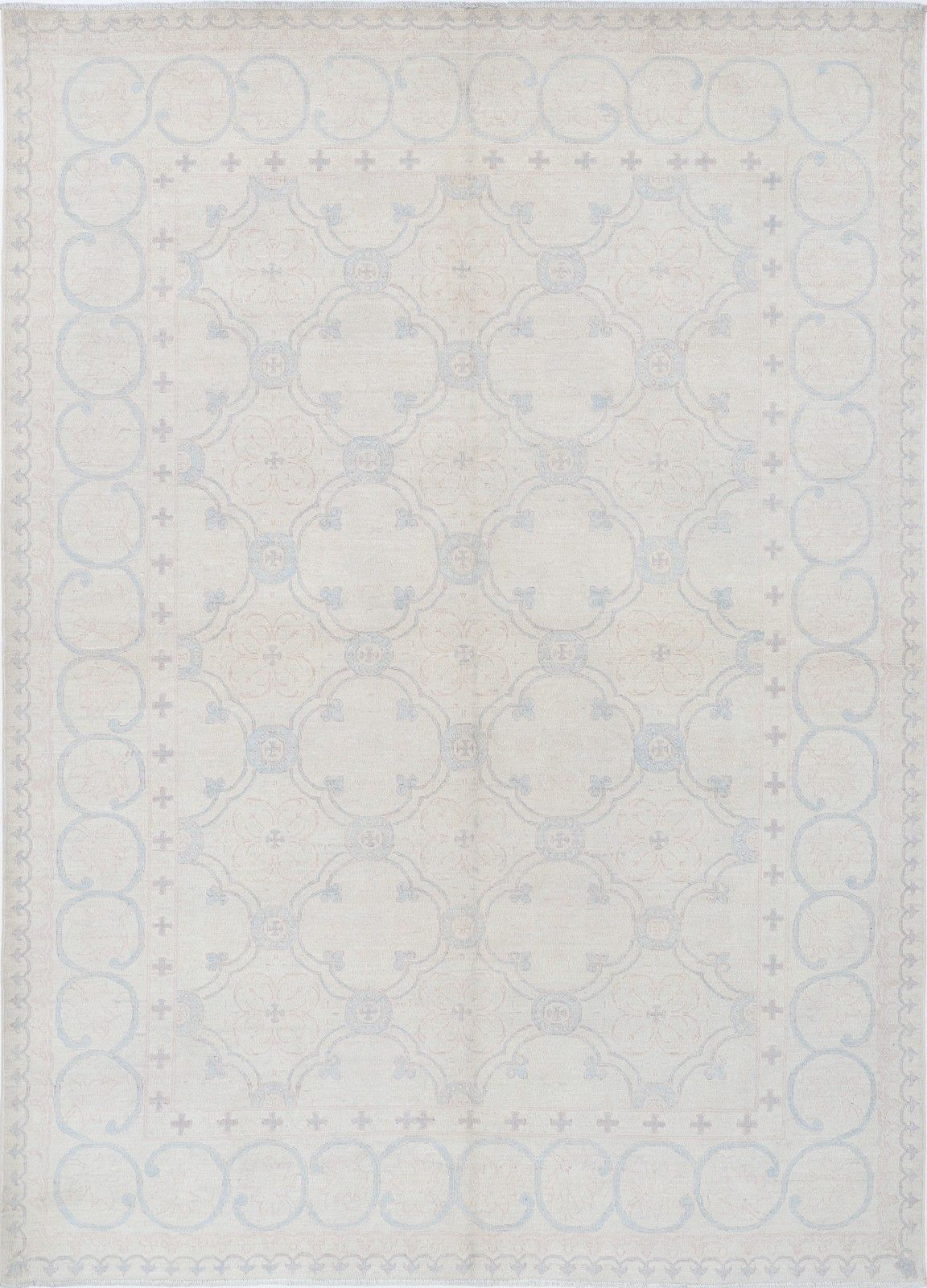 Tapis Oushak turc noué à la main, beige à motifs géométriques bleu clair, 1,83 x 2,60 m