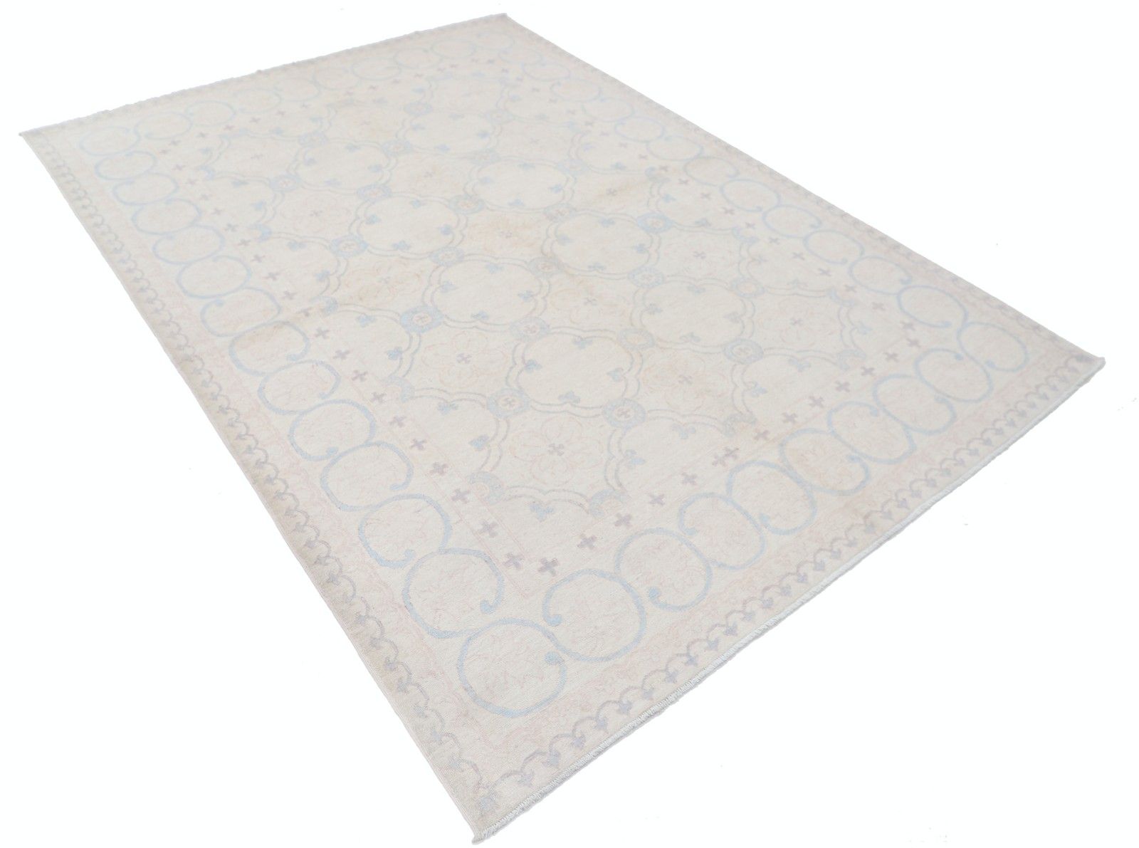 6x8,6 ft Handgeknoopt Beige Turks Oushak Vloerkleed met Lichtblauwe Geometrische Motieven photo furniture