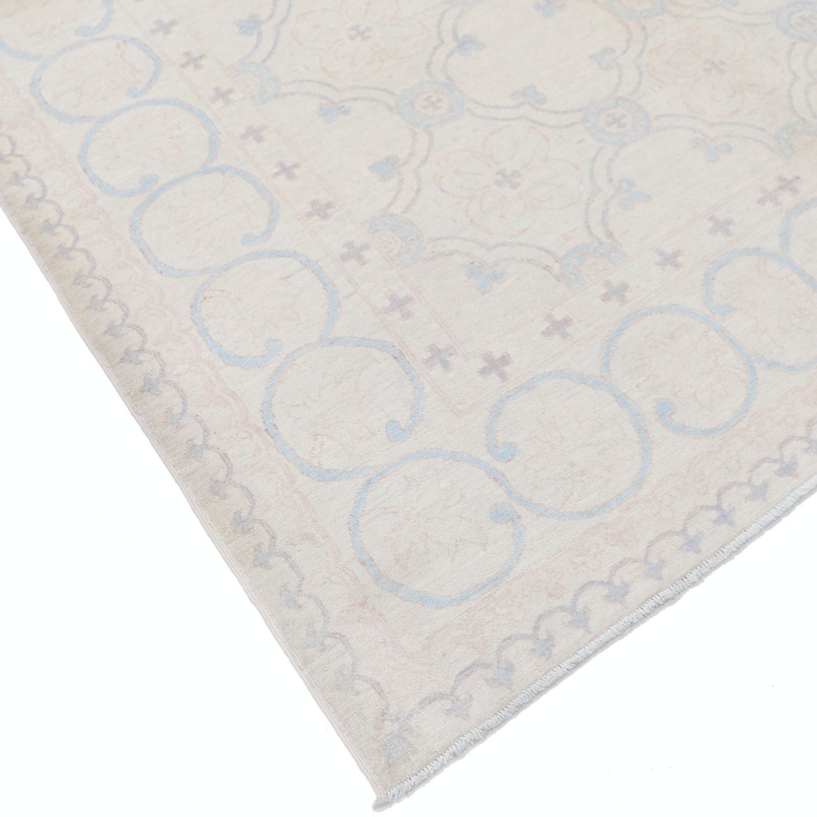 6x8,6 ft Handgeknoopt Beige Turks Oushak Vloerkleed met Lichtblauwe Geometrische Motieven photo buy