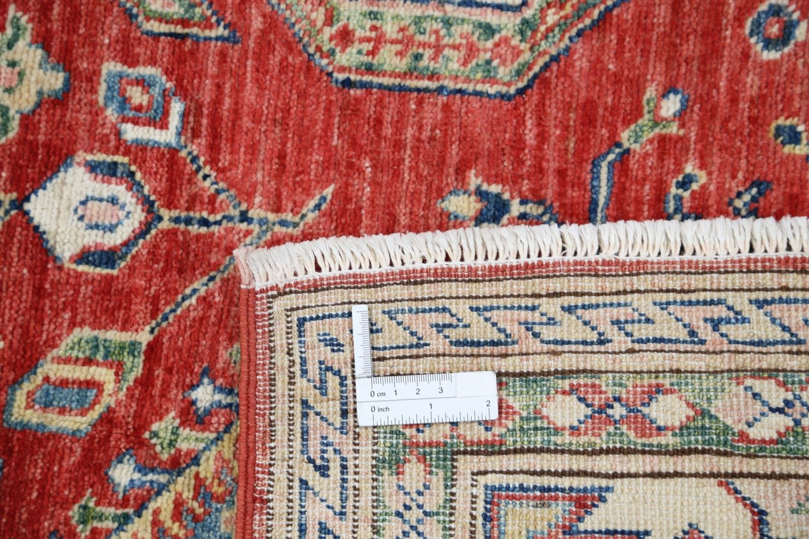 Tapis en laine noué à la main, rouge, ivoire et bleu marine, à motif géométrique, 2 x 2,6 m photo buy