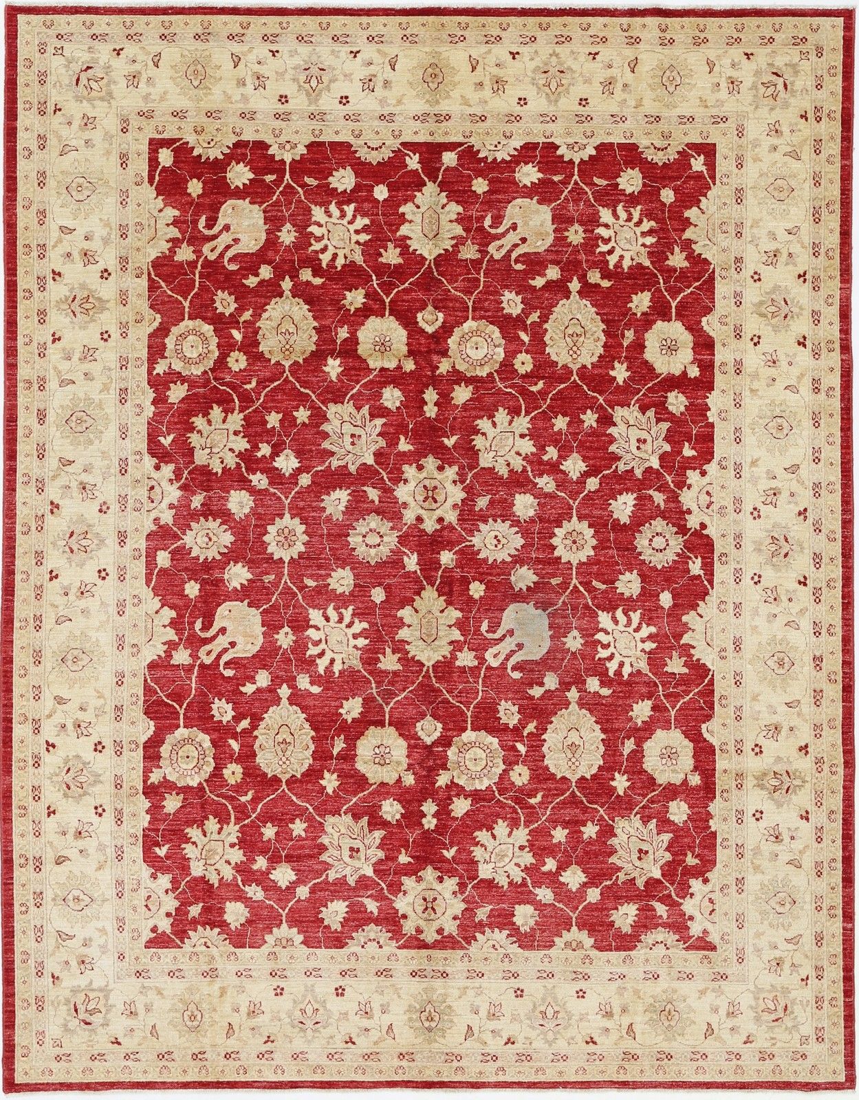 Tapis de sol turc noué à la main, motif floral, fond rouge et bordure ivoire, 2,39 x 3,13 m