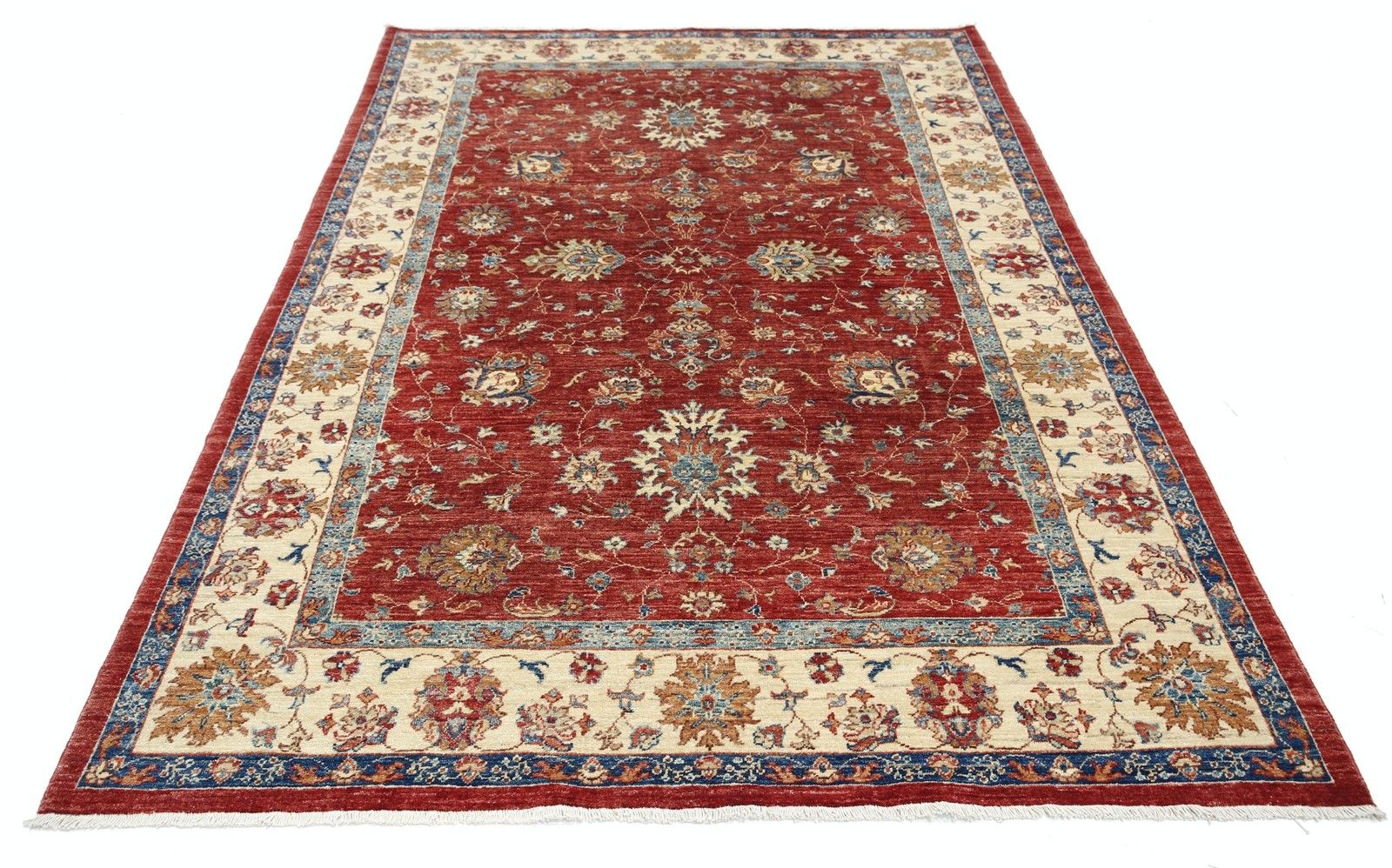 Tapis turc noué à la main 5,7 x 8,2 ft, fond rouge, bordure ivoire et détails bleus photo Textiles